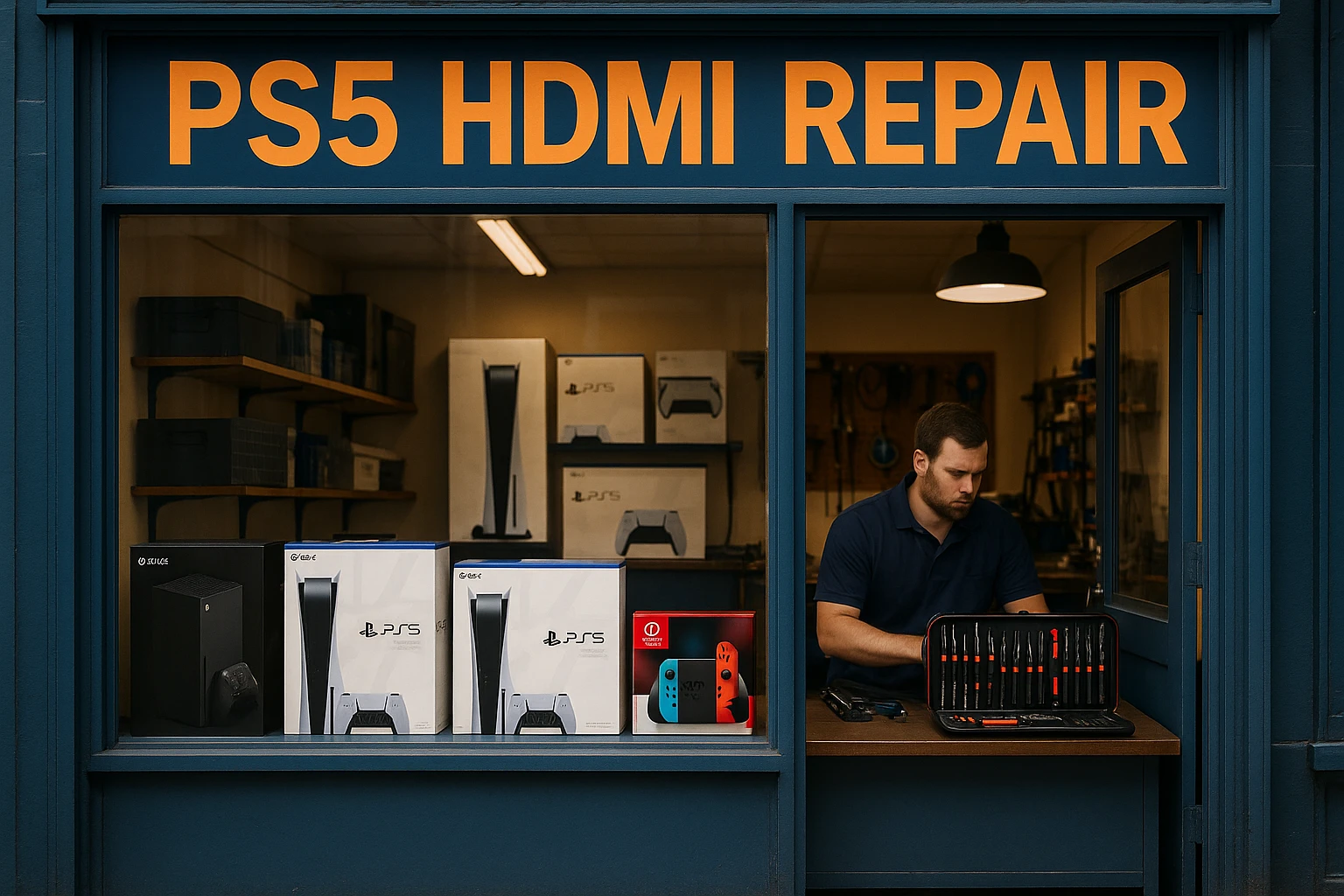 A vibrant electronics repair shop facade with a large 