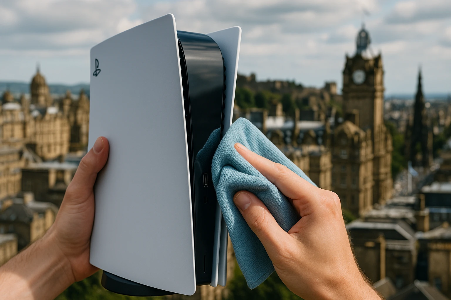 A close-up of a PlayStation 5 being carefully cleaned with a microfiber cloth, set against a backdrop of the historic Edinburgh skyline, emphasizing the importance of maintenance in the city known for its vibrant gaming culture.