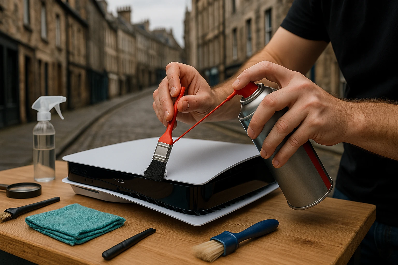 A technician's hands expertly using a small brush and compressed air can to clean a PS5 console, set on a workbench with various cleaning tools, against a backdrop of Edinburgh's distinctive cobblestone street.