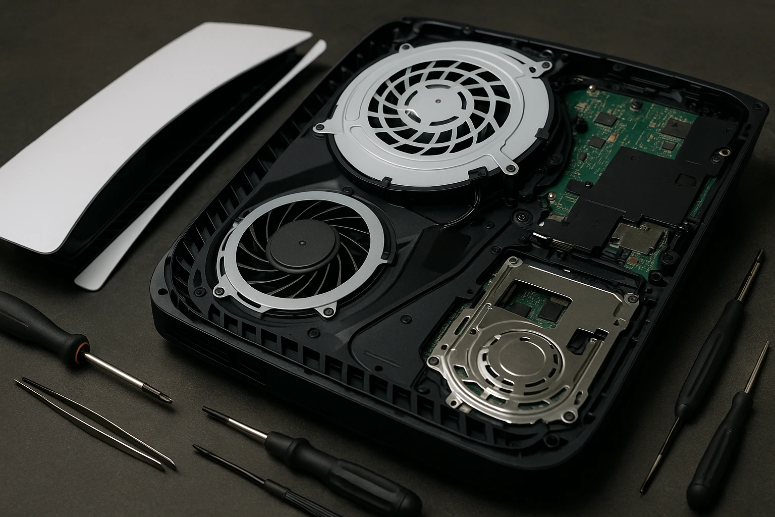 A close-up of a PS5 console being disassembled on a workbench, surrounded by repair tools like screwdrivers and tweezers, with focus on the intricate interior components.