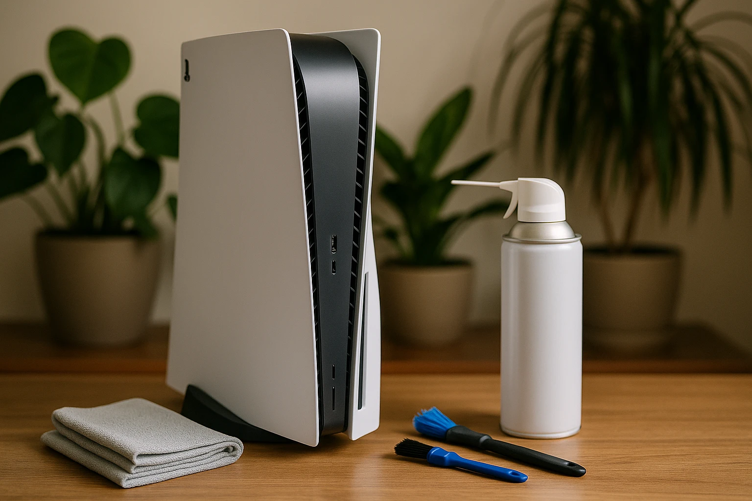 A PS5 console stands upright on a table beside a can of compressed air, with its grilles visible and surrounded by cleaning tools like microfiber cloths and small brushes, set against a backdrop of houseplants.