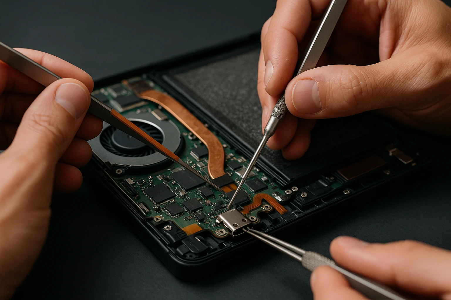 A close-up of a technician's hands carefully using precision tools to repair the charging port of a Nintendo Switch, with the console disassembled revealing its internal components.