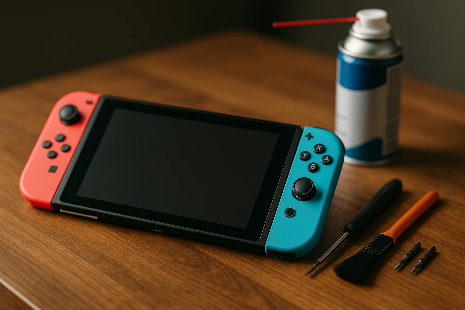 A Nintendo Switch console lying on a wooden table next to a small pile of tools, including a precision screwdriver and a soft brush, with a can of compressed air in the background, highlighting a DIY repair setup.