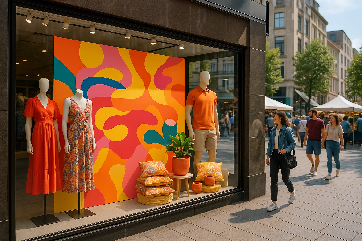 A storefront display featuring Matalan's latest fashion and homeware collection, with vibrant, eye-catching signage, set against a bustling urban backdrop with passersby enjoying an outdoor market.