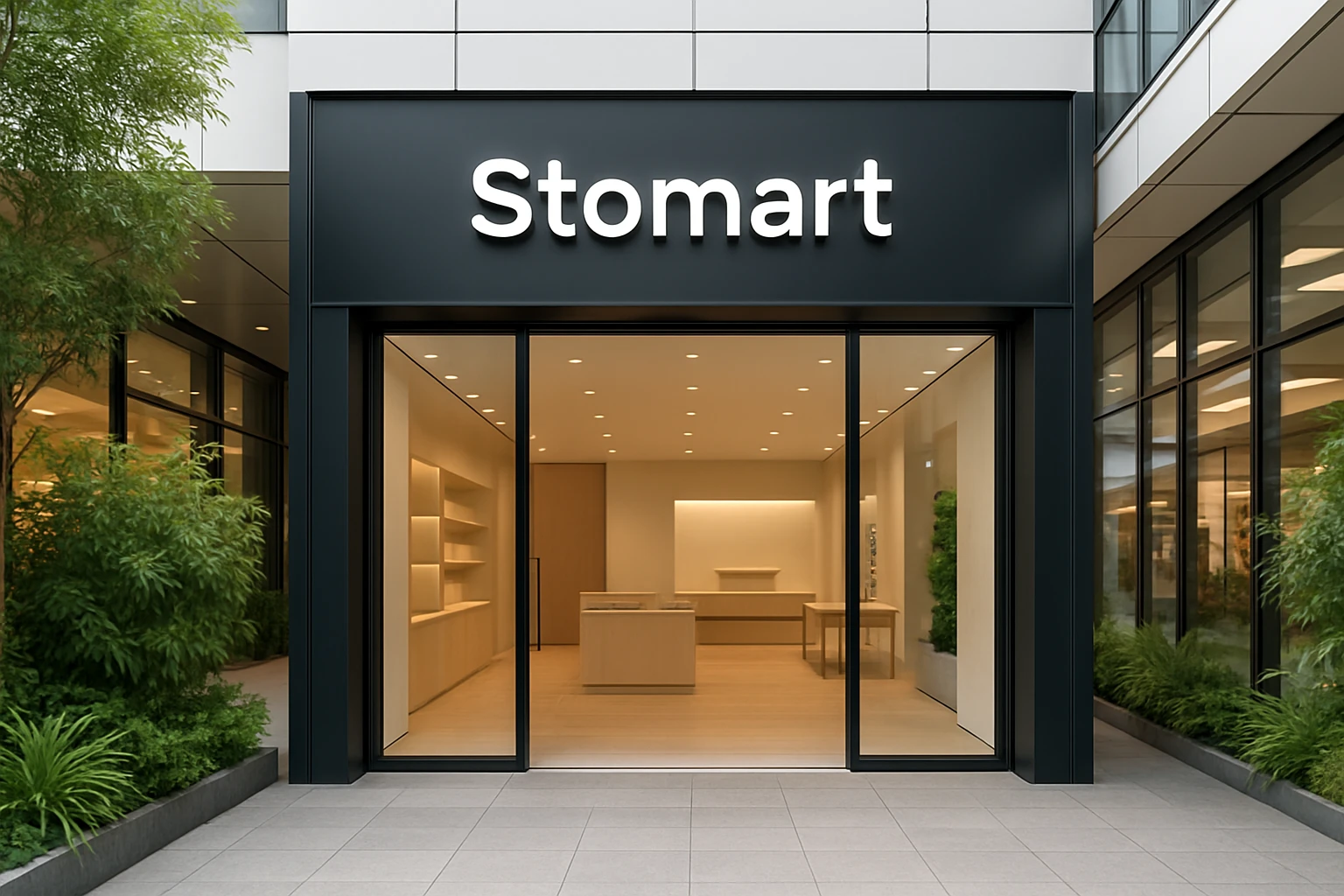 A close-up of a Stomart store's entrance featuring sleek, minimalist design with prominent branding, situated in a busy shopping center surrounded by lush greenery and modern architecture.