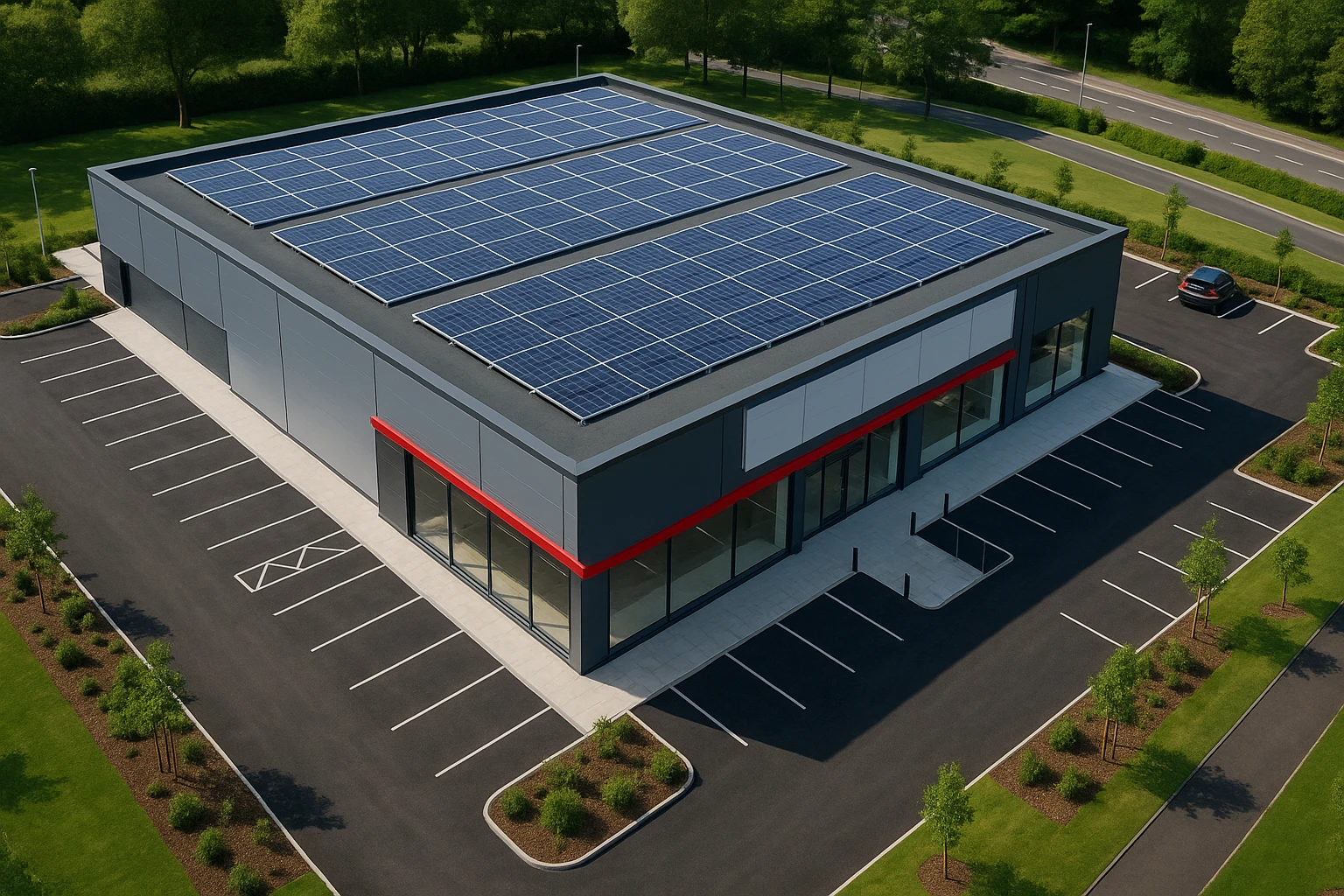 Aerial view of a newly refurbished Matalan store with a contemporary design, featuring solar panels on the roof and a spacious parking area surrounded by landscaped greenery, highlighting the store's commitment to sustainability and innovation.