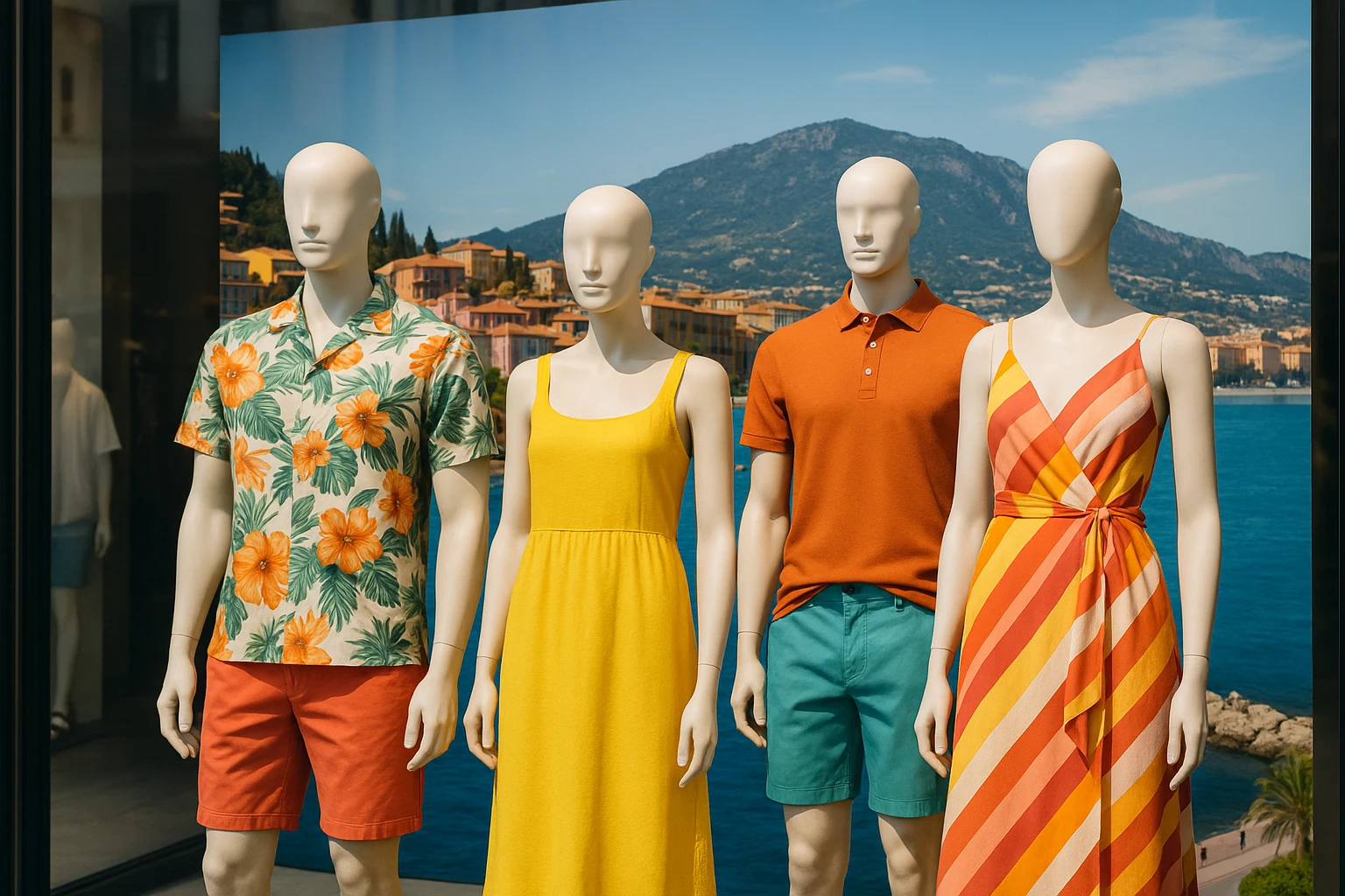 A visual merchandising display highlighting Matalan’s summer clothing collection, featuring mannequins dressed in bright, seasonal outfits against a backdrop of a scenic coastal cityscape, emphasizing the brand’s expansion and fresh retail approach in key urban areas.