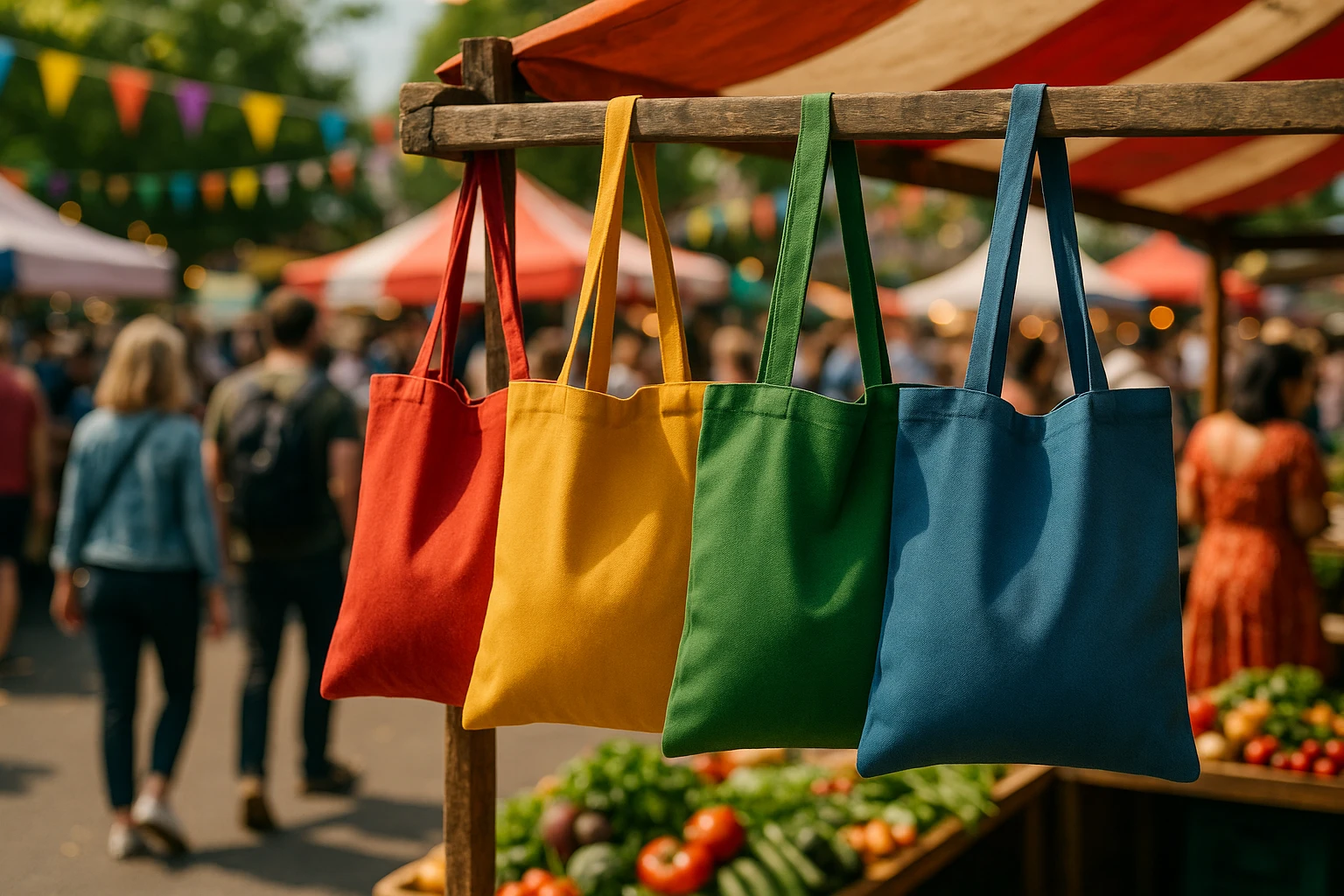 A vibrant street market scene showcasing a Matalan set of colorful, eco-friendly tote bags hanging from a rustic wooden stall, with the distinct Matalan logo visible, surrounded by bustling shoppers in a lively outdoor festival atmosphere.