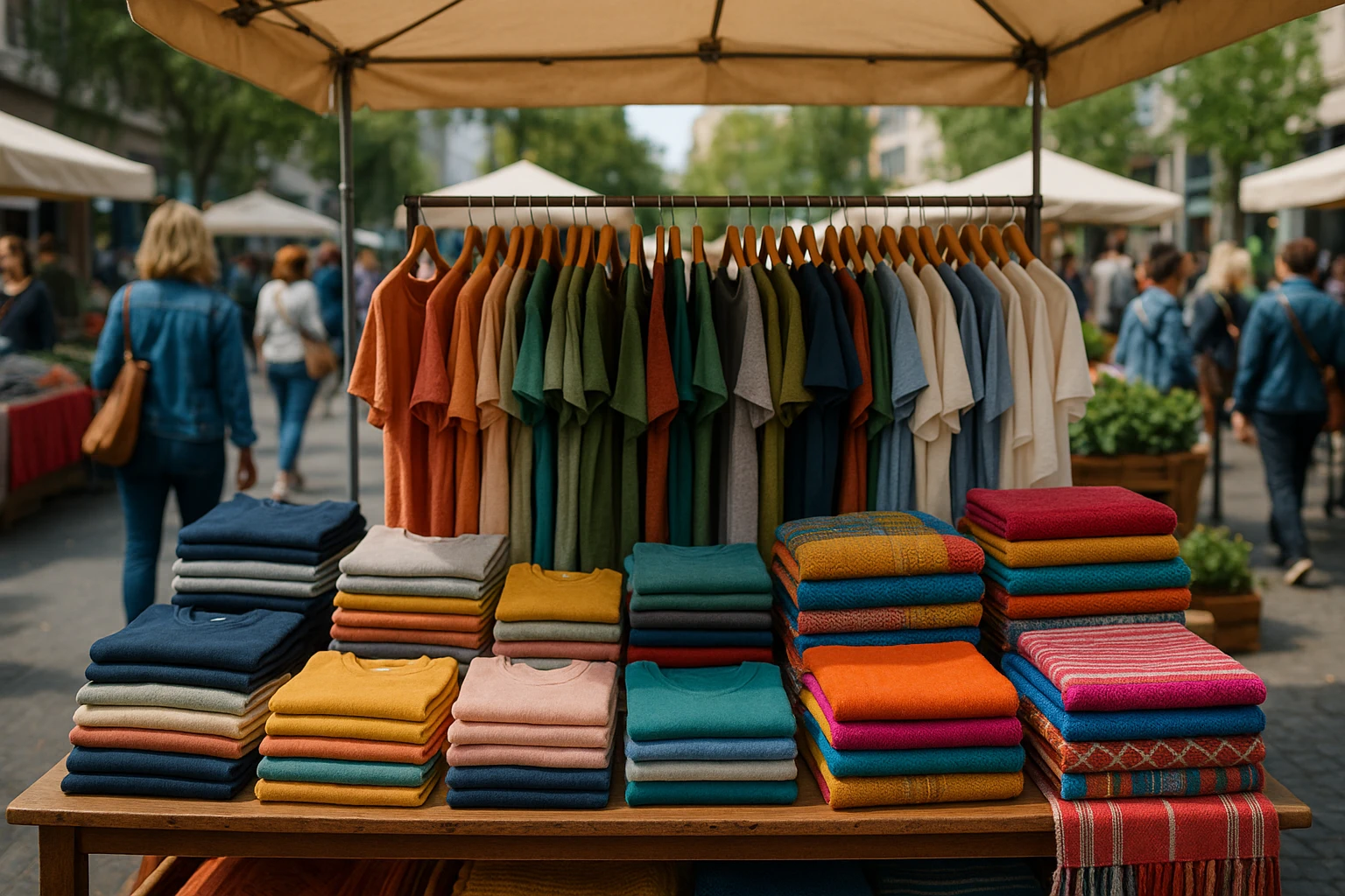A colorful outdoor market stall displays neatly stacked rows of stylish clothing and vibrant home textiles, with a backdrop of bustling shoppers and urban greenery, signifying a lively shopping experience beyond traditional retail stores.