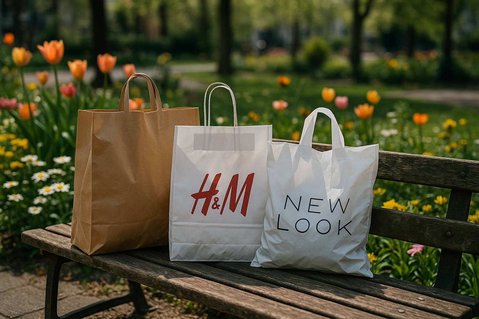 A series of shopping bags from Primark, H&M, and New Look are placed on a rustic wooden bench in an urban park setting, surrounded by blooming flowers, illustrating a thrifty shopping haul amidst nature.