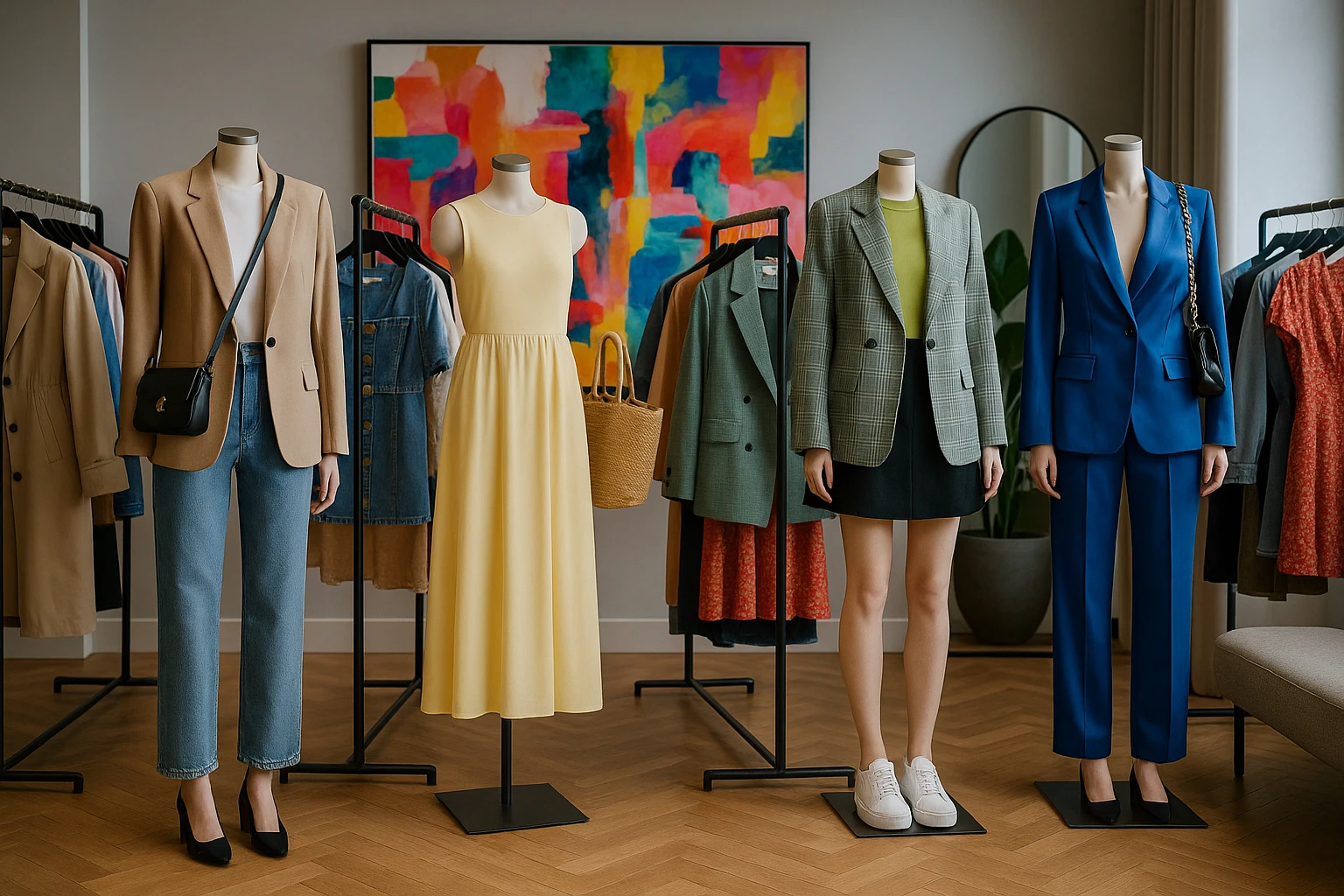 A stylish boutique interior featuring Asos pieces displayed on free-standing racks, with trendy outfits creatively paired and accessorized against a backdrop of sleek, modern decor and vibrant art.