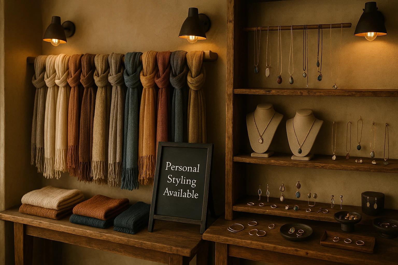A cozy boutique shop interior showcasing handwoven scarves and artisanal jewelry displayed on rustic wooden shelves, with a small chalkboard reading