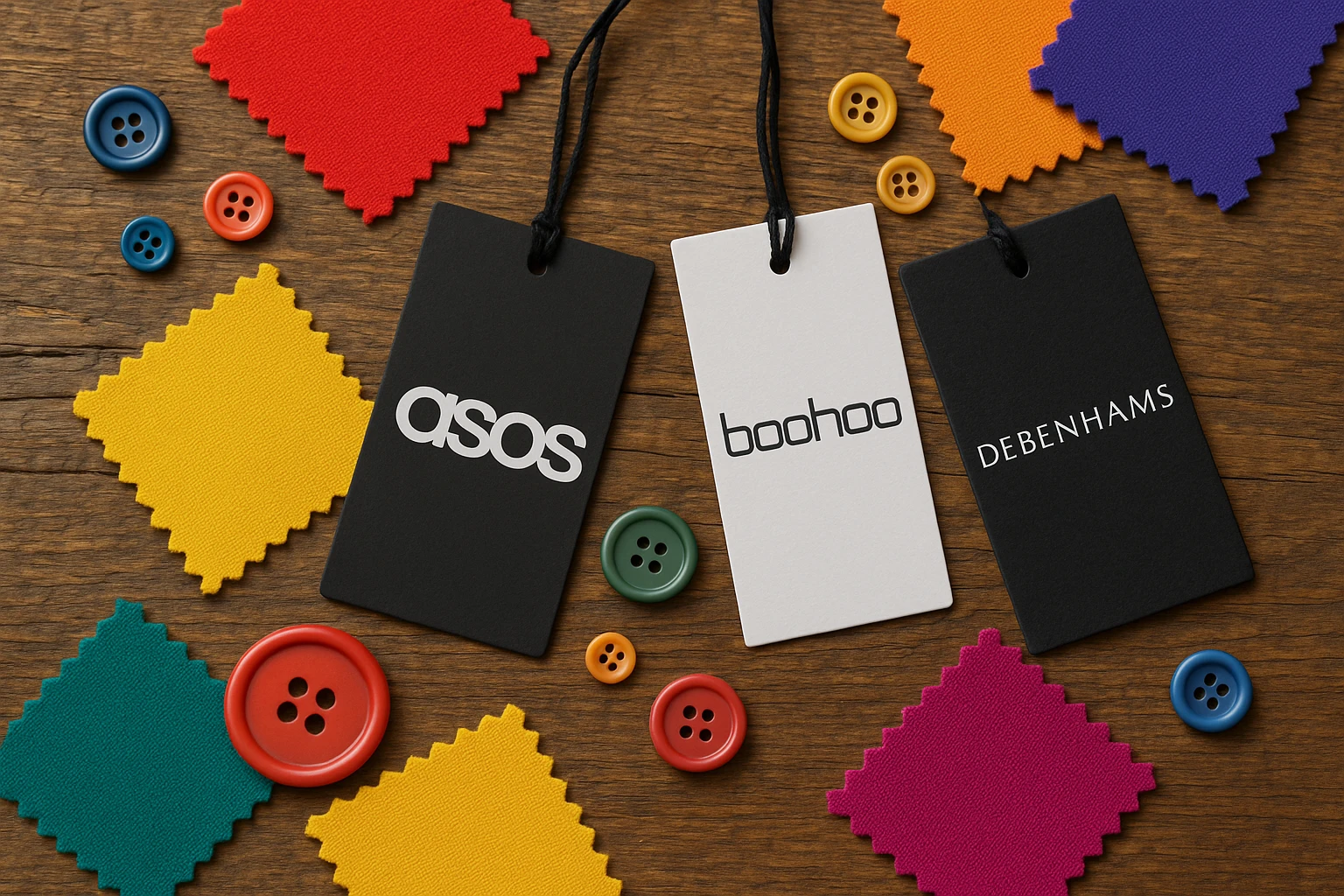 A vibrant flat lay featuring clothing tags with logos of ASOS, Boohoo, and Debenhams, adorned with colorful fabric swatches and assorted buttons, set on a textured wooden table, emphasizing the variety and choice available through these online fashion retailers.