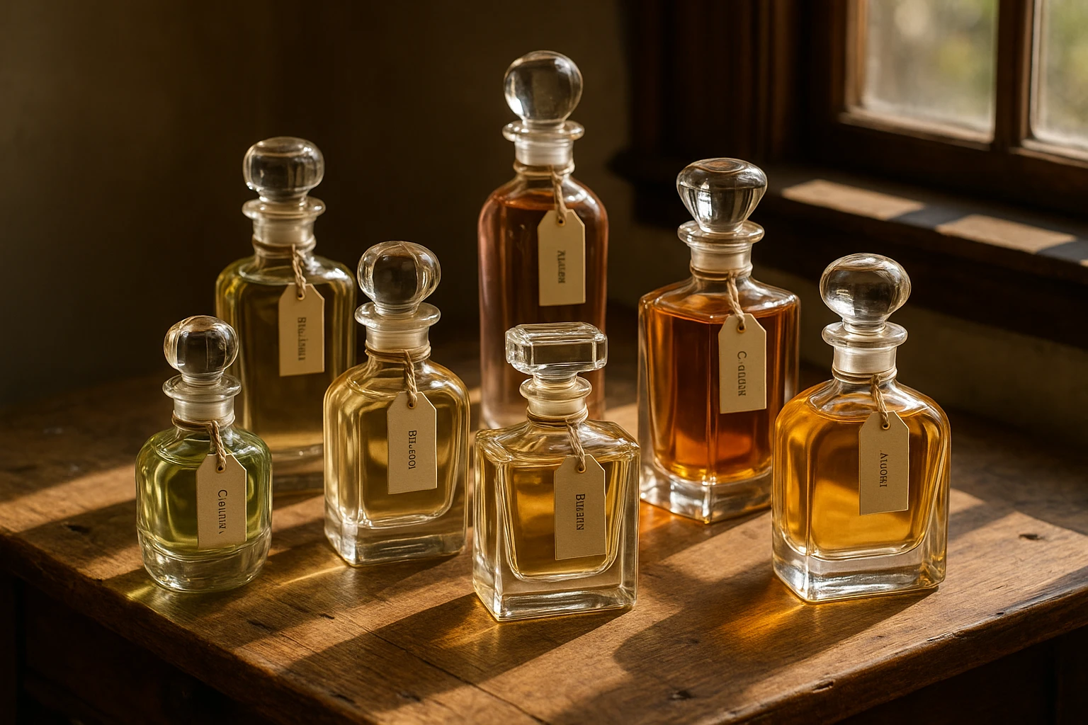A collection of elegant perfume bottles arranged on a rustic wooden vanity, sunlight streaming through a nearby window highlighting their crystal clear surfaces and colorful liquid contents, with small labeled tags indicating high-end brands each scent emulates.