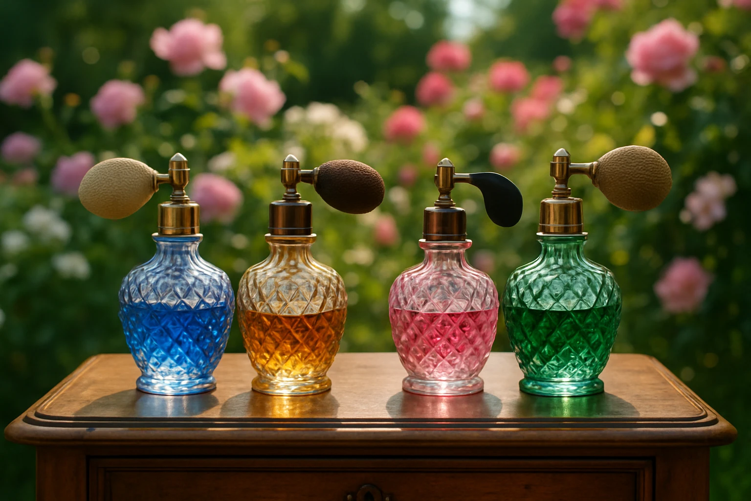 A close-up of a vintage wooden dressing table adorned with intricately detailed glass perfume atomizers, each filled with vibrant colored liquids, set against a backdrop of blooming flowers and lush greenery in a sunlit garden.