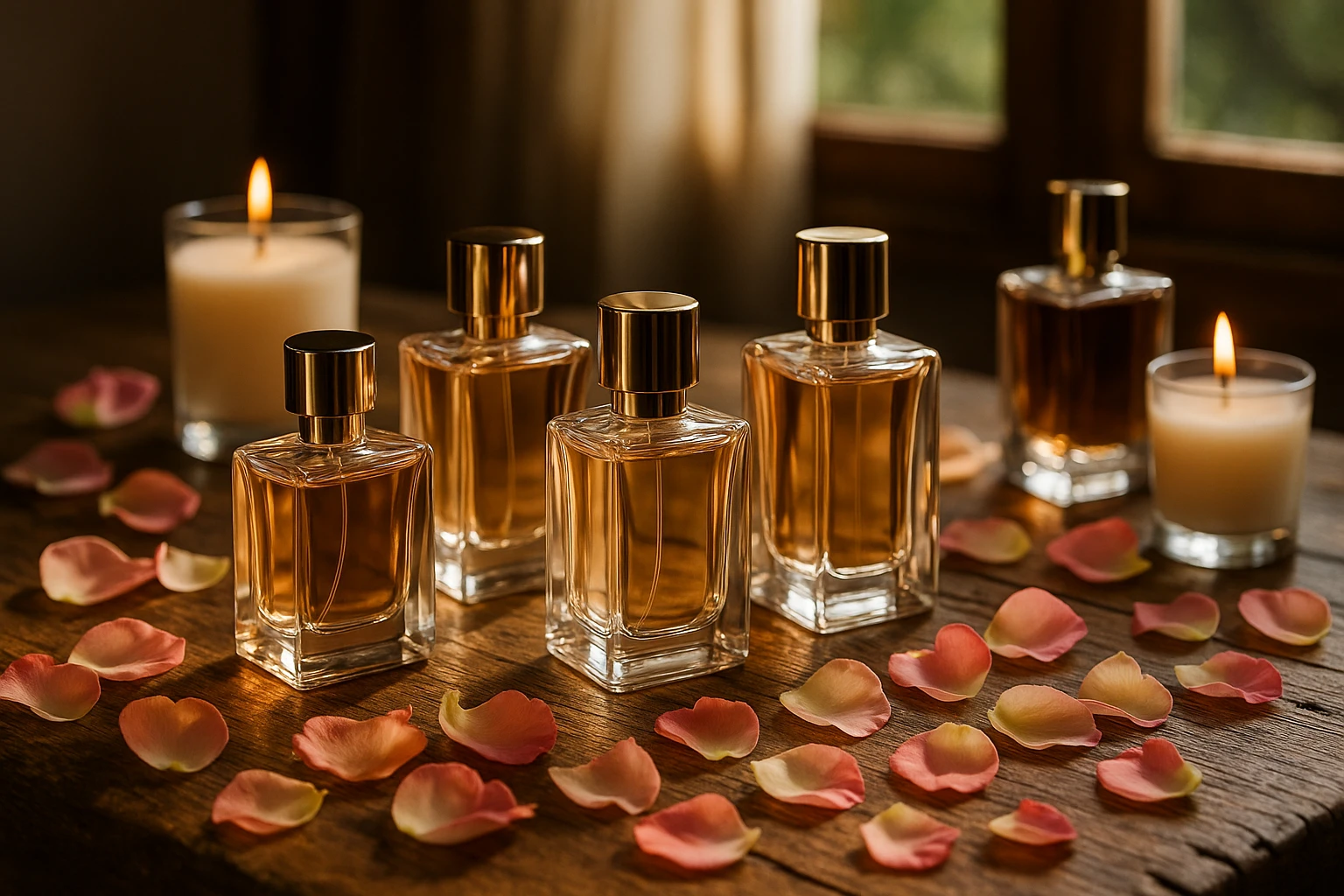 A variety of dupe perfumes displayed on a rustic wooden table, their elegant glass bottles glistening in the sunlight filtering through a nearby window, with aromatic candles and scattered flower petals enhancing the luxurious ambiance.