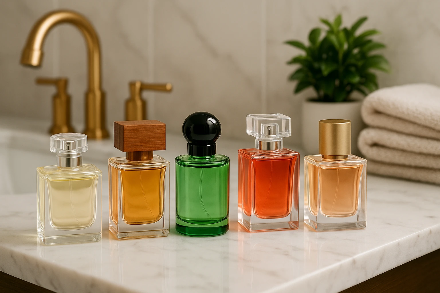 An array of dupe perfumes lined up on a marble bathroom countertop, each bottle showcasing distinct designs and vibrant labels, surrounded by chic bathroom decor like brushed gold faucet fixtures, plush towels, and a small, lush green potted plant.