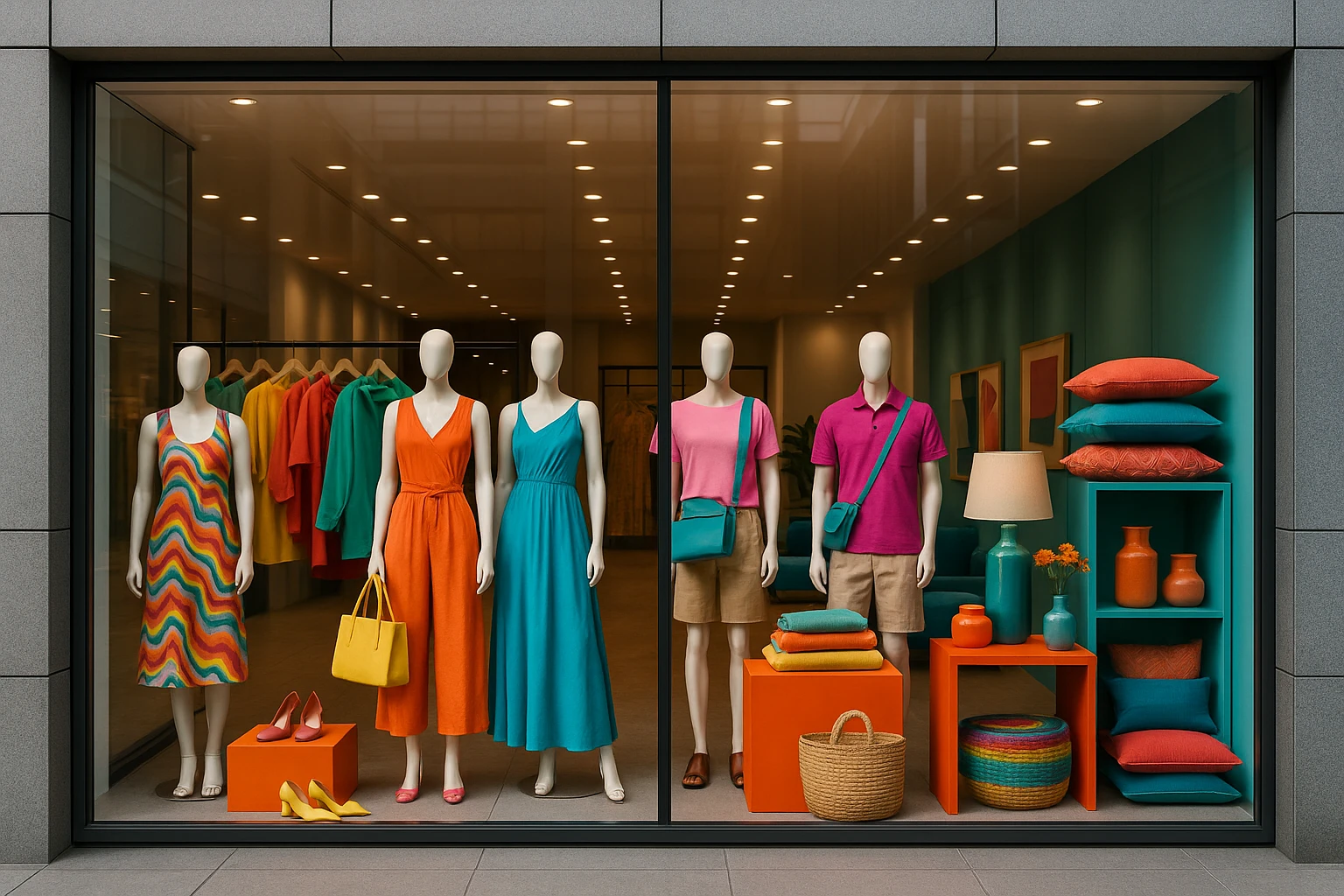 A vibrant storefront display of Matalan, showcasing a diverse array of colorful fashion items and homeware products, set against a backdrop of sleek, modern architecture, symbolizing the brand's strategic transformation and retail innovation.