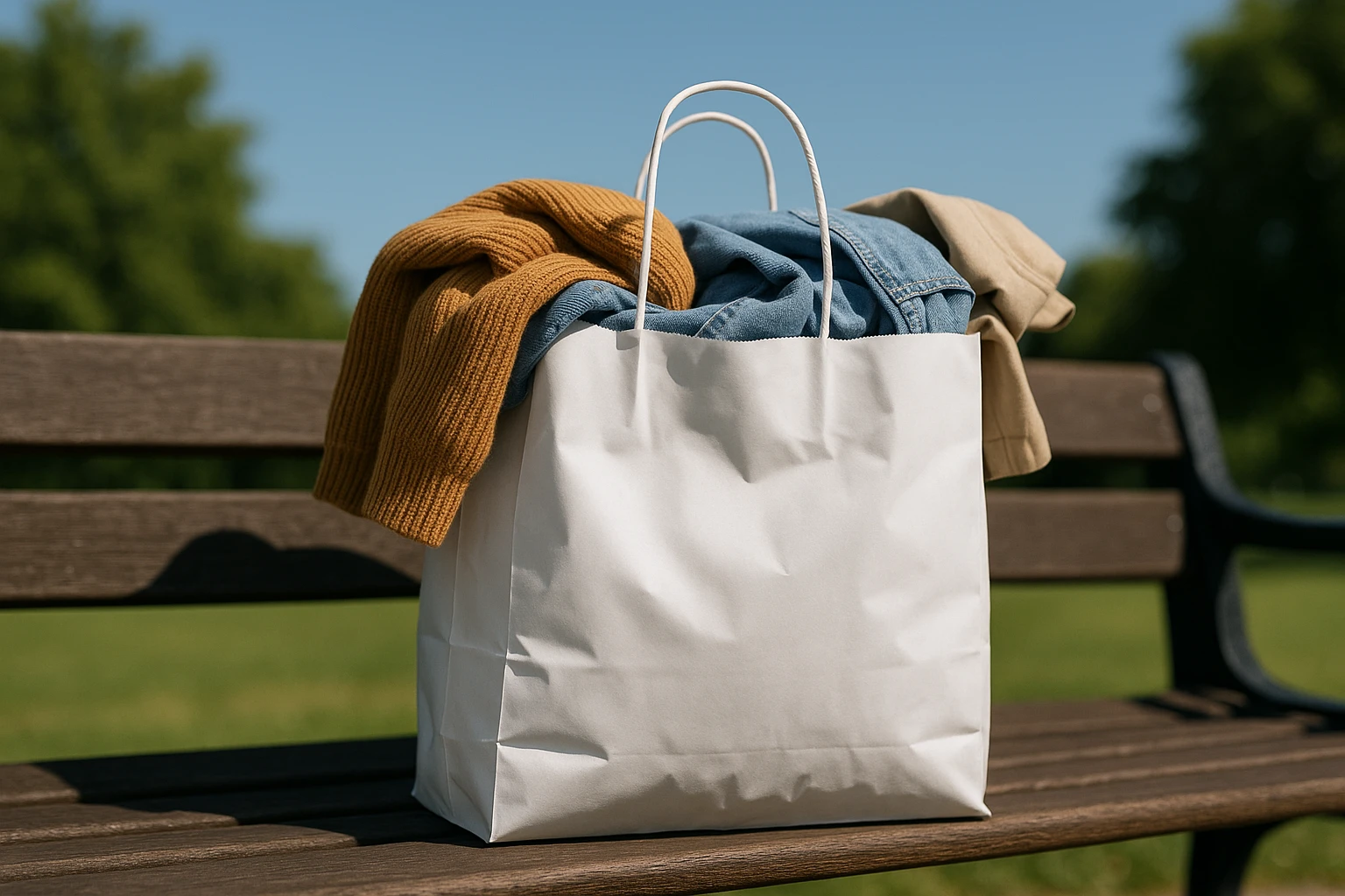 A close-up shot of a Matalan shopping bag filled with clothing, set on a park bench under a clear blue sky, highlighting outdoor shopping and lifestyle appeal.