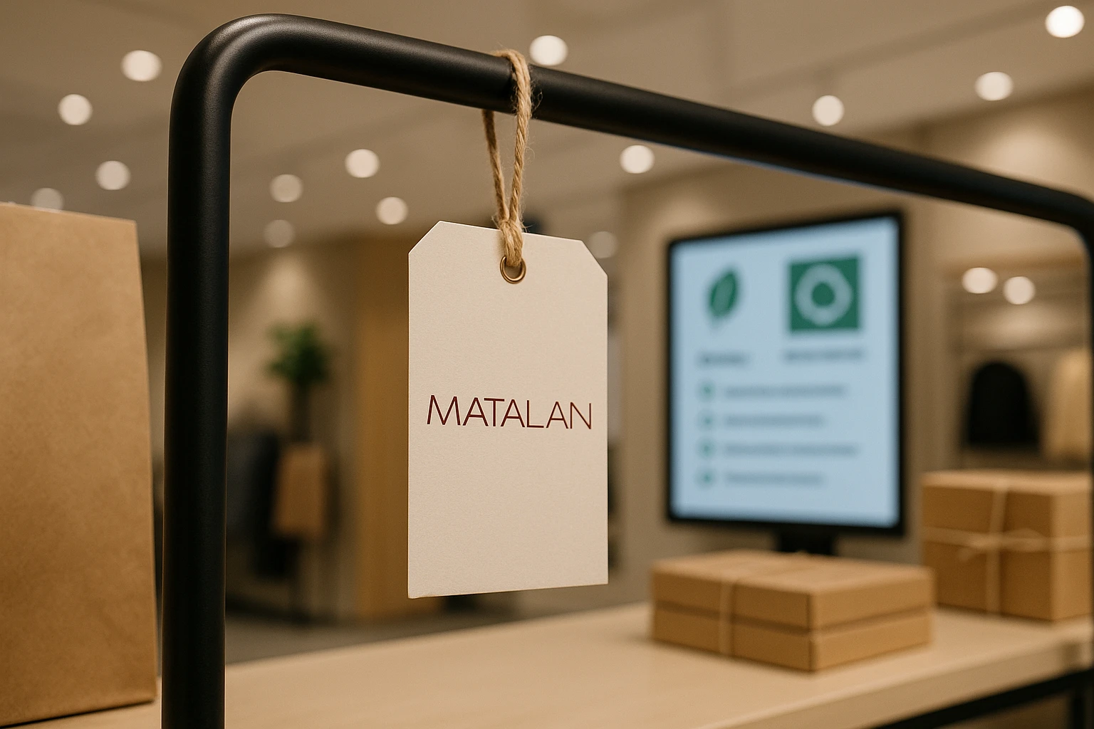 A close-up of a Matalan price tag hanging from a sleek, modern clothing rack, surrounded by eco-friendly packaging and a digital display screen showing sustainability initiatives, set within a newly refurbished store interior.