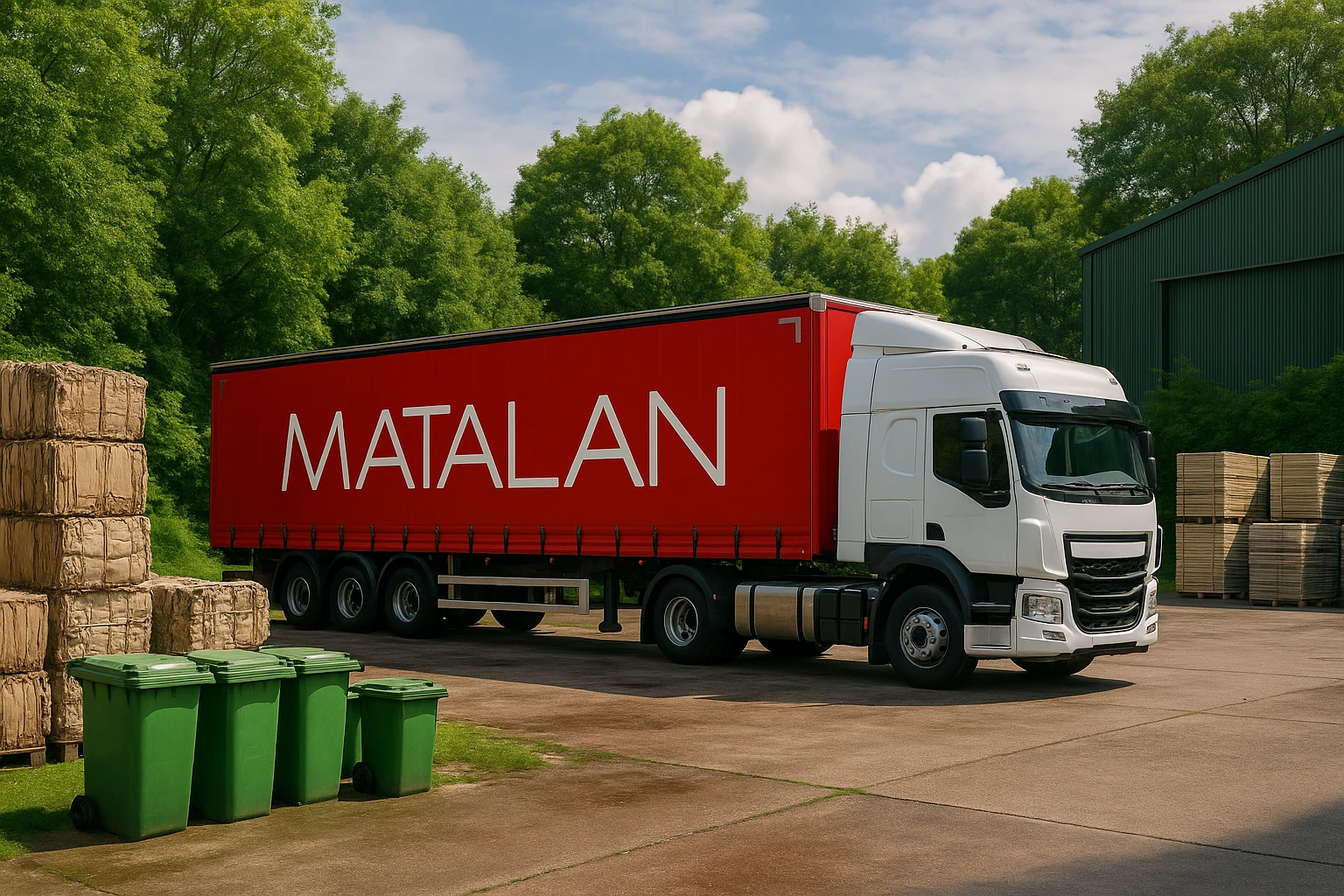 A scenic shot of a Matalan delivery truck parked in a lush, green warehouse yard, with stacks of eco-friendly materials and recycling bins nearby, illustrating the brand's commitment to sustainable supply chain practices.