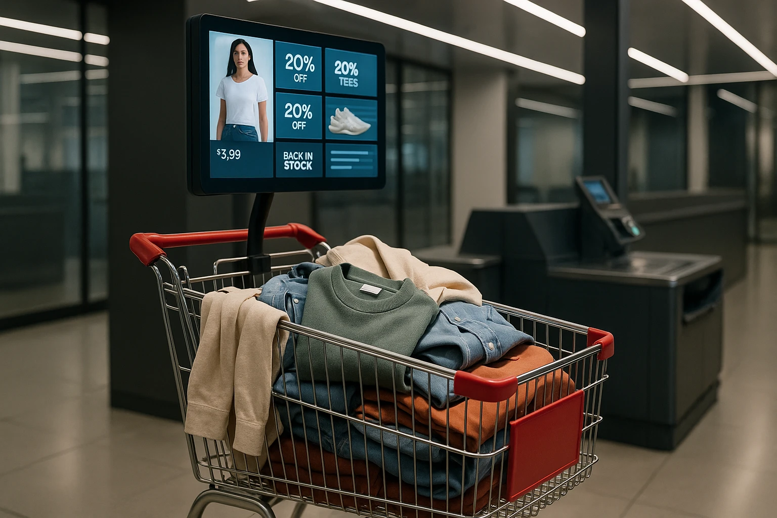 A Matalan shopping cart filled with clothing items navigates through a technologically advanced checkout area, where an overhead digital screen displays personalized promotions and real-time inventory updates, set within a sleek, modern retail environment.