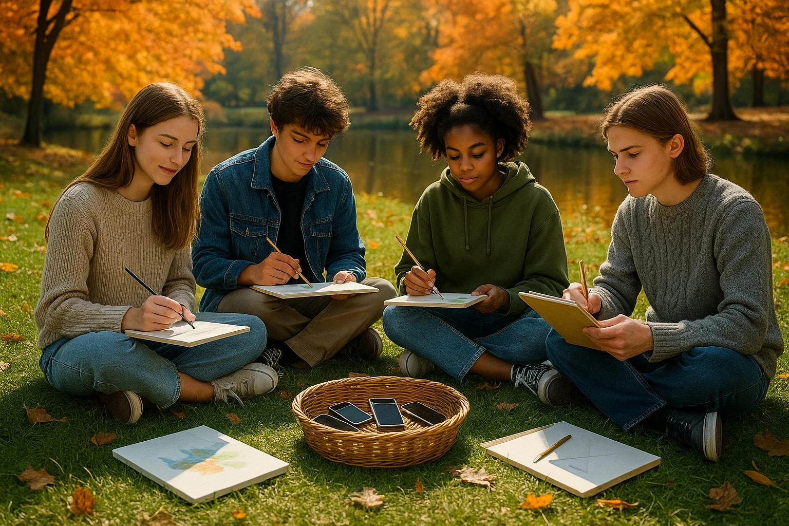 A serene park setting with a group of teenagers engaged in a digital detox activity: they're gathered on a grassy knoll, with smartphones placed face down in a central basket, while they paint and sketch on canvases, surrounded by vibrant autumn foliage.