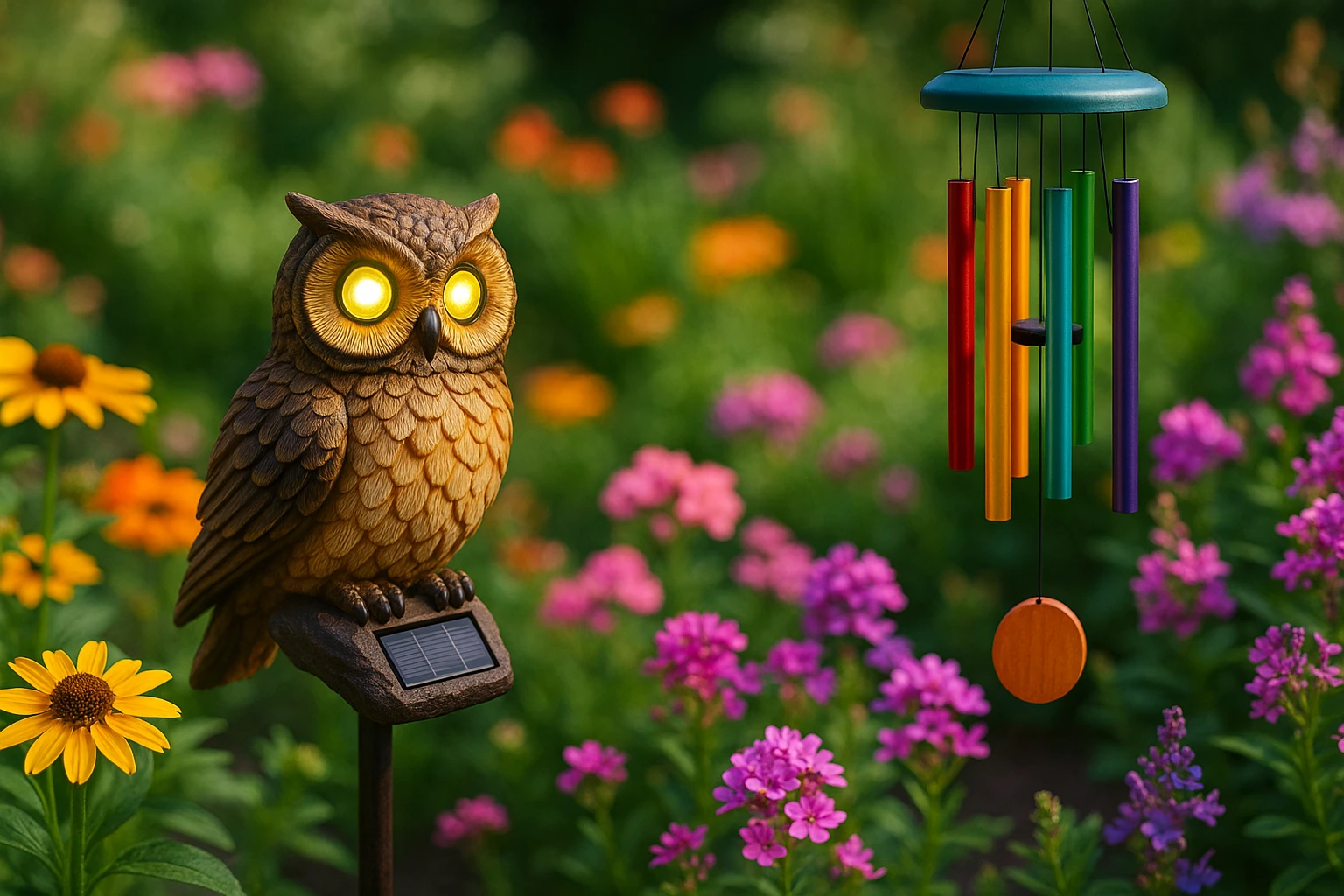 A vibrant outdoor garden scene with whimsical garden gadgets like a solar-powered owl and colorful wind chimes amidst blooming flowers, highlighting the imaginative products offered by HomeStoreDirect®.
