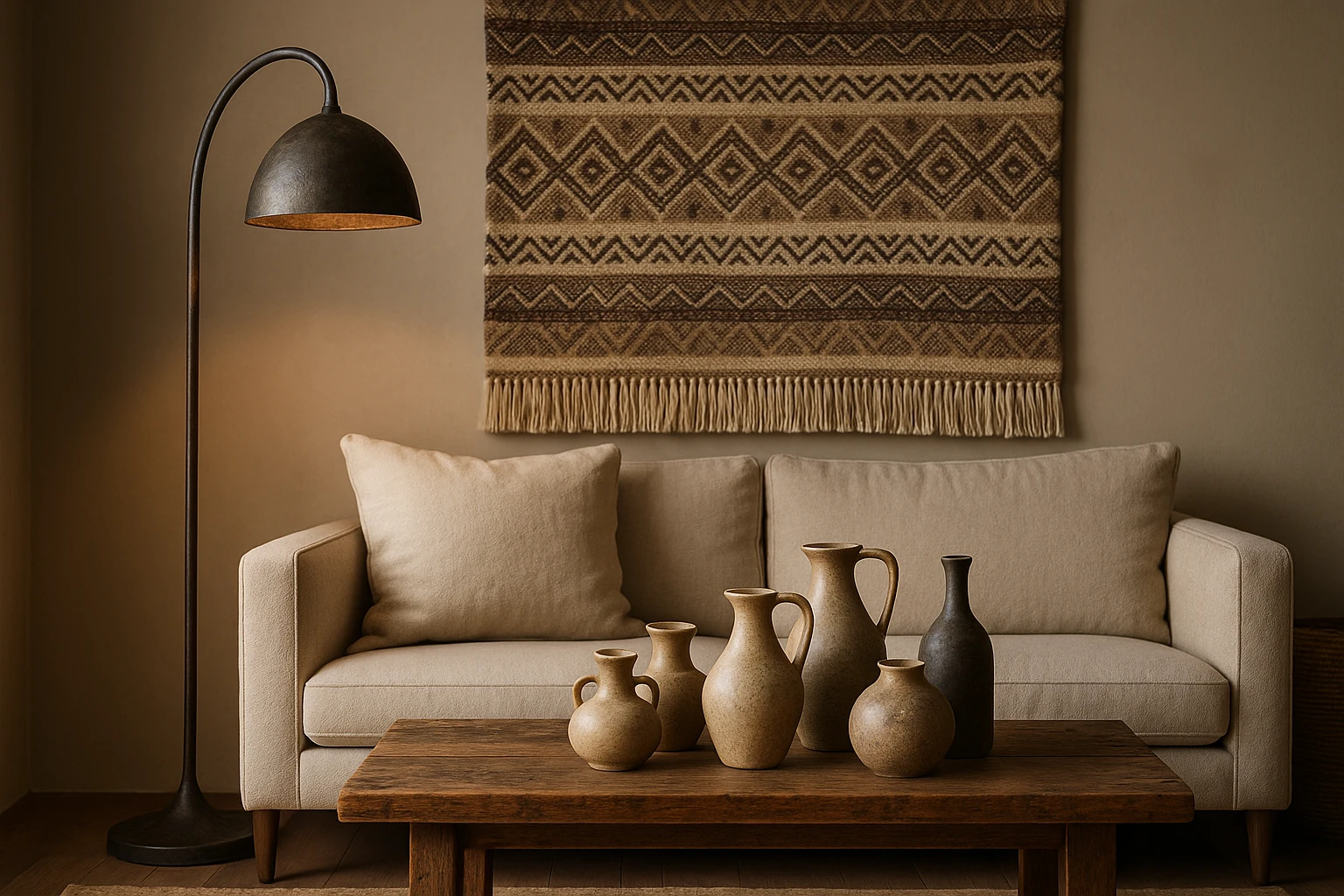 A cozy living room adorned with artisanal home decor items from HomeStoreDirect®, featuring a handwoven tapestry with intricate patterns, a sculptural metal floor lamp, and a reclaimed wood coffee table showcasing a collection of unique ceramic vases.