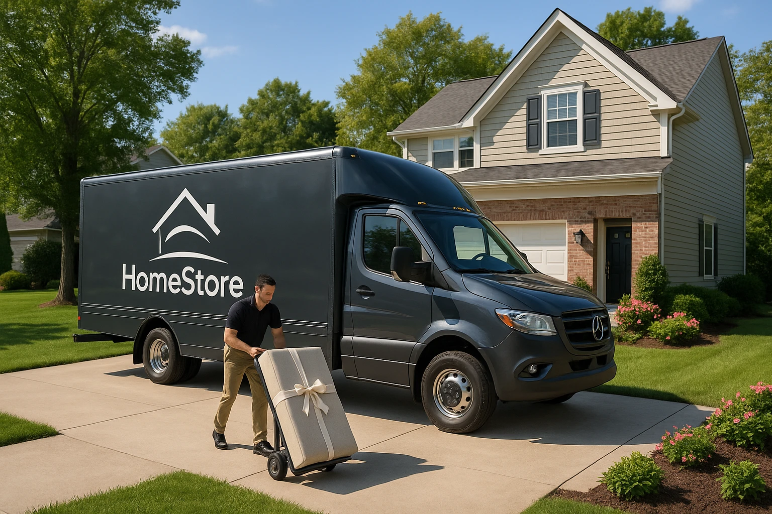 A sleek delivery truck with the HomeStoreDirect® logo prominently displayed, parked in a suburban driveway, unloading a large, elegantly wrapped package on a sunny day, surrounded by lush green lawns and blooming flower beds.
