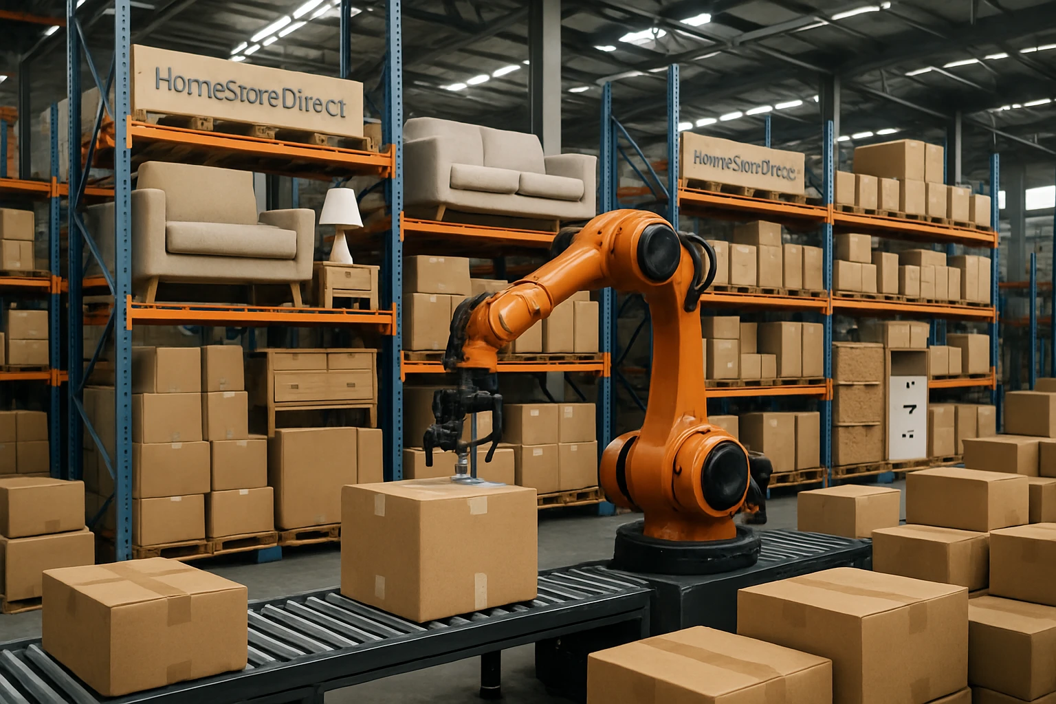 A spacious warehouse interior filled with neatly stacked furniture items and home accessories ready for dispatch, featuring the HomeStoreDirect® logo on organized shelves, with a robotic arm efficiently sorting packages against a backdrop of conveyor belts.