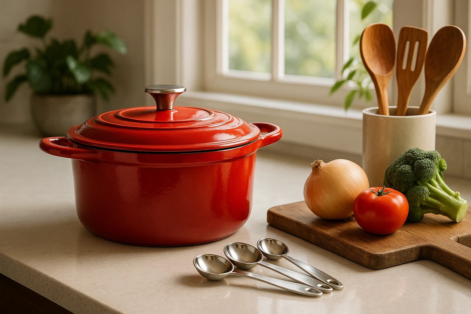 A kitchen countertop elegantly arranged with HomeStoreDirect® ceramic cookware and utensils, featuring a vibrant apple-red Dutch oven, a set of polished silver measuring spoons, and a rustic wooden cutting board with fresh vegetables, set against a backdrop of a sunlit window with leafy plants.