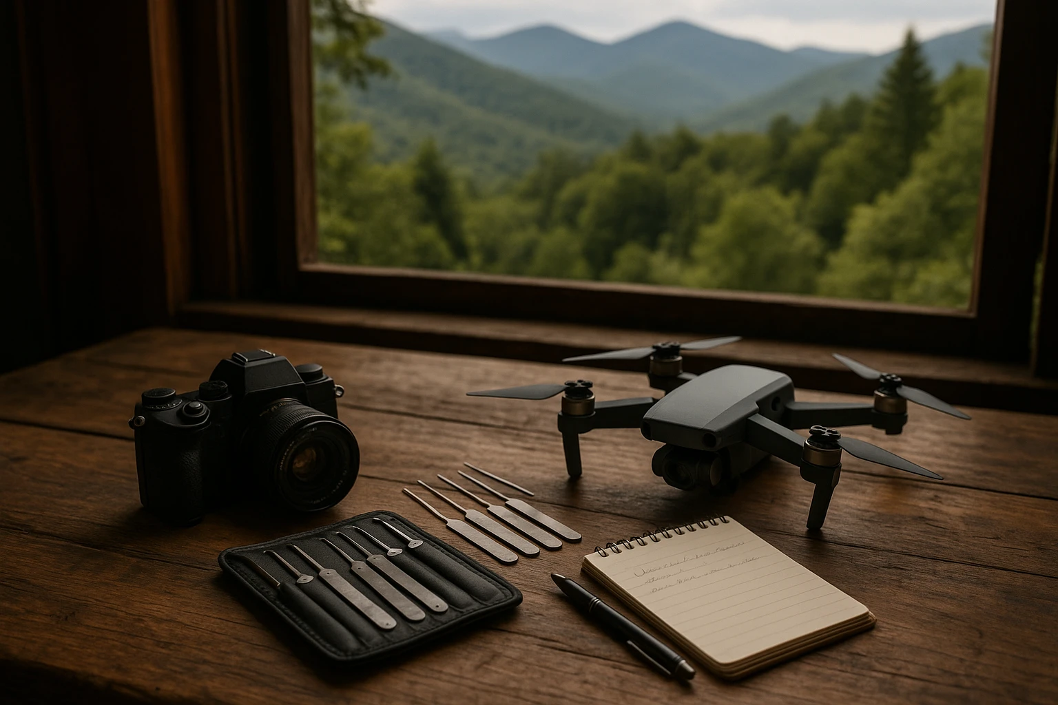 A private investigator's toolkit spread out on a rustic wooden table in Asheville, NC, featuring a compact camera, a set of lock-picking tools, a small drone, and a notepad with discreet notes, surrounded by the backdrop of lush mountain greenery glimpsed through an open window.