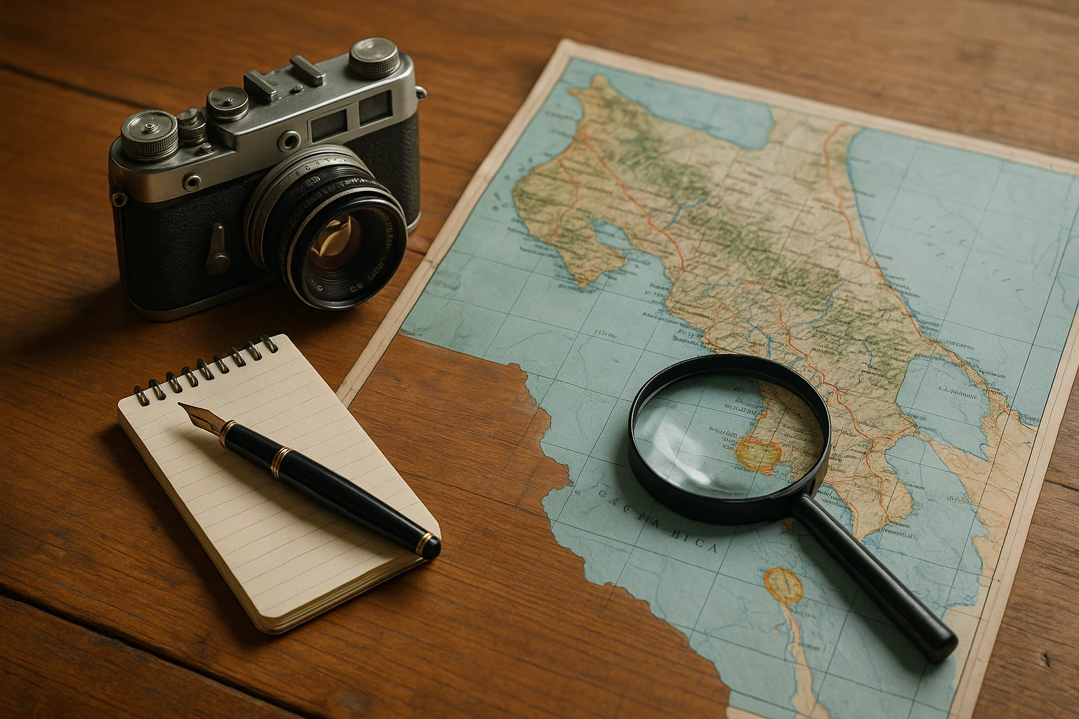 A private investigator's toolkit spread out on a wooden table, featuring a vintage camera, a small notepad with a fountain pen, a magnifying glass, and a map of Costa Rica marked with highlighted locations.