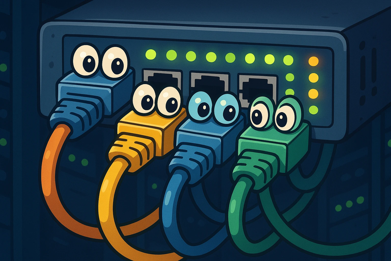 A close-up of network cables connected to a sleek server rack, with glowing LED indicators showing data transfer activity in a dimly lit, high-tech data center.