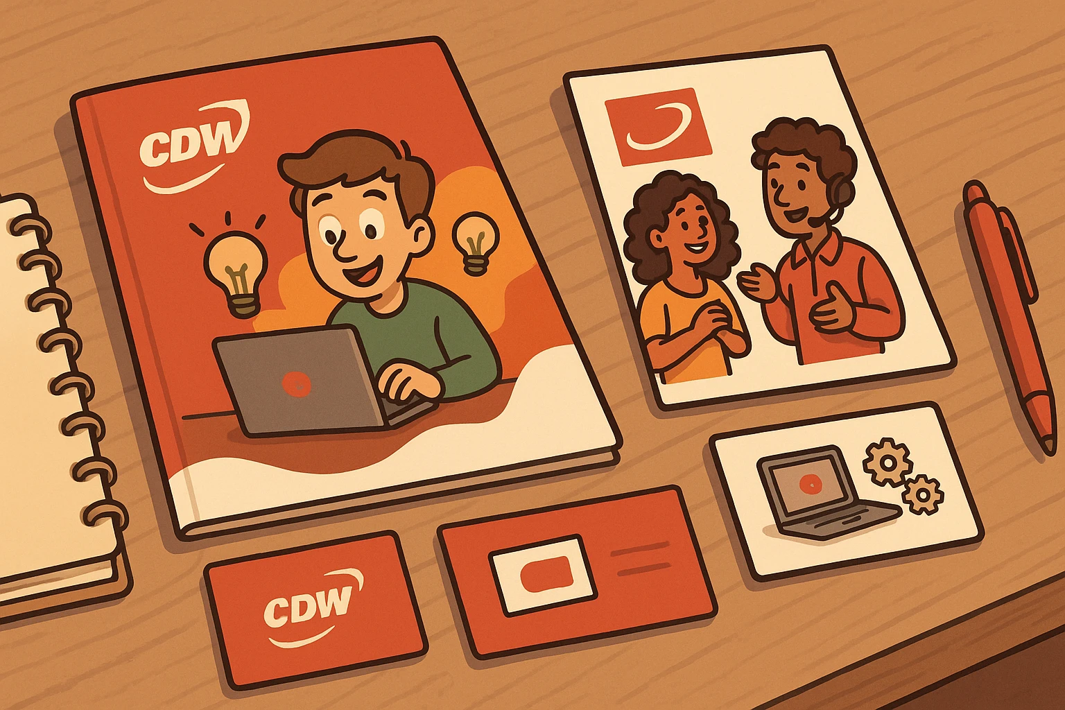A set of printed brochures and business cards from CDW Corporation, displayed on a wooden table with a pen and notebook nearby, showcasing their branding and personalized customer solutions.