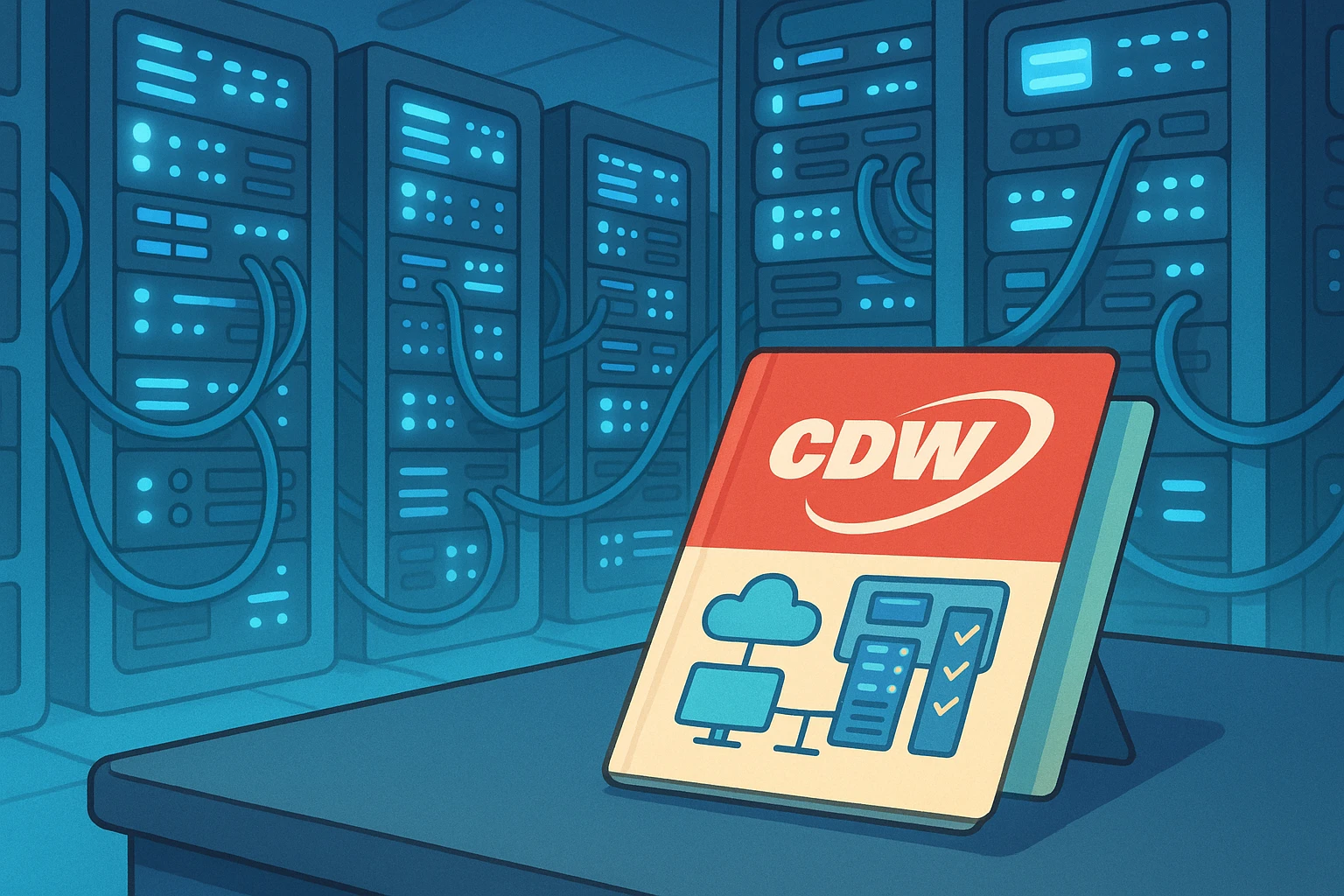 A close-up of a high-tech server room, with rows of glowing, blue-lit servers and intricate network cables organized neatly. In the foreground, a branded CDW Corporation brochure lies on a sleek table, highlighting their integrated IT services.