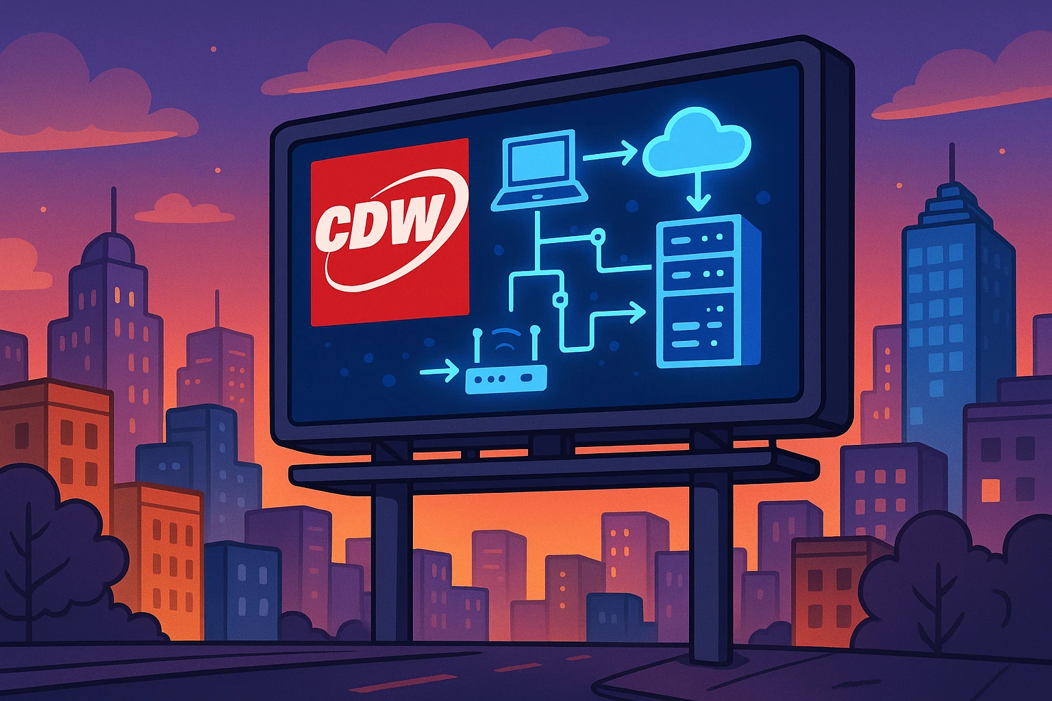 A dynamic cityscape at dusk with a large digital billboard featuring CDW Corporation's logo and a graphic illustrating interconnected IT infrastructure, glowing against the twilight sky.