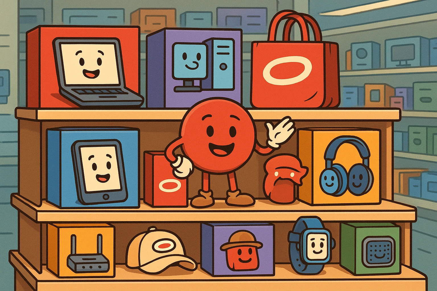 A bustling retail shelf displays a variety of boxed technology products alongside branded merchandise, with CDW Corporation and Atticus Goods logos prominently featured, set against a backdrop of a modern electronics store aisle.