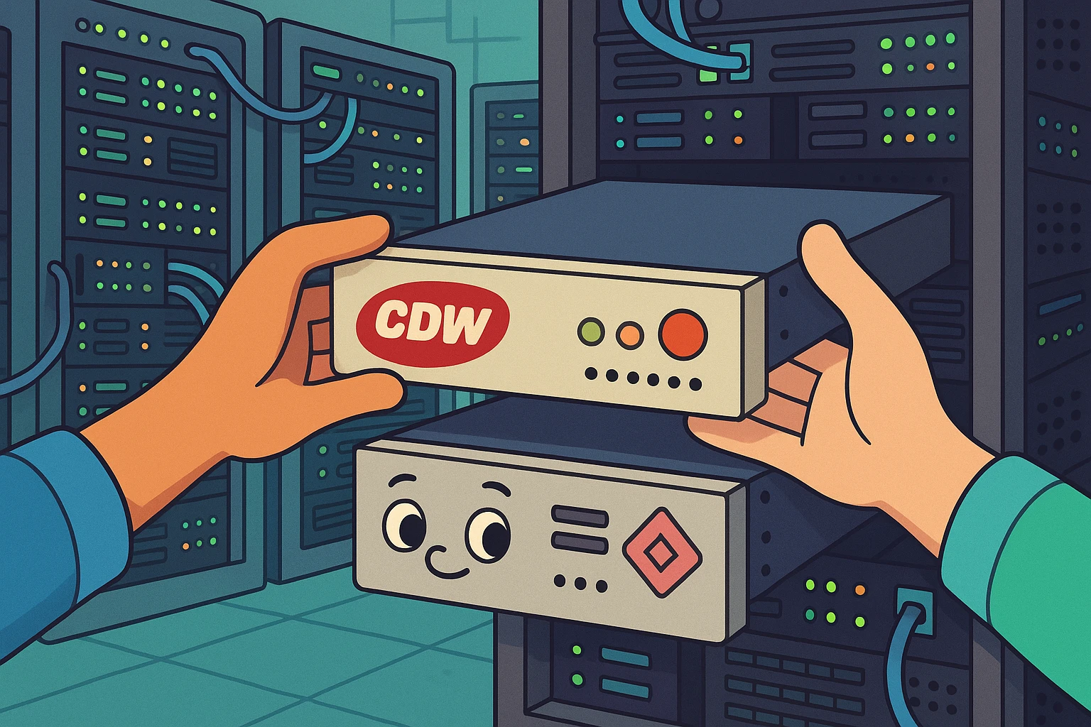 Two hands assembling a computer server rack with CDW Corporation and Atticus Goods branded components, set in a data center with rows of blinking servers and network cables in the background.
