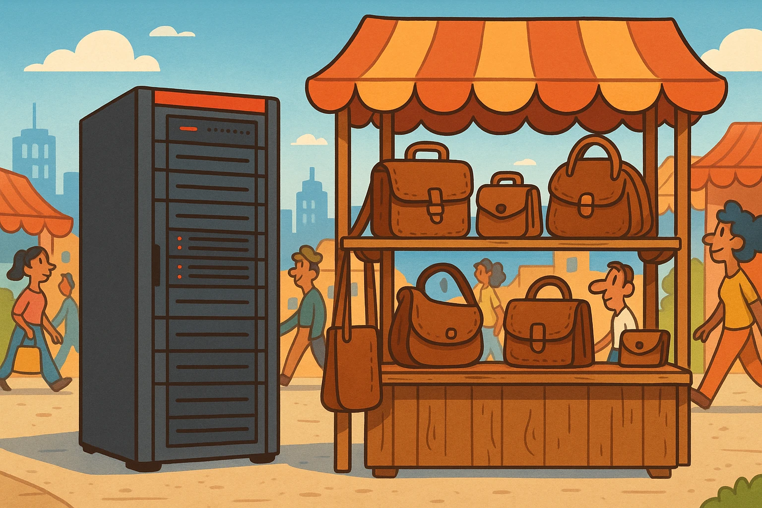 A vibrant marketplace scene showcasing a sleek, modern CDW Corporation-branded server rack next to a rustic shelf displaying artisanal leather goods crafted by Atticus Goods, set under a clear blue sky with a bustling city in the background.