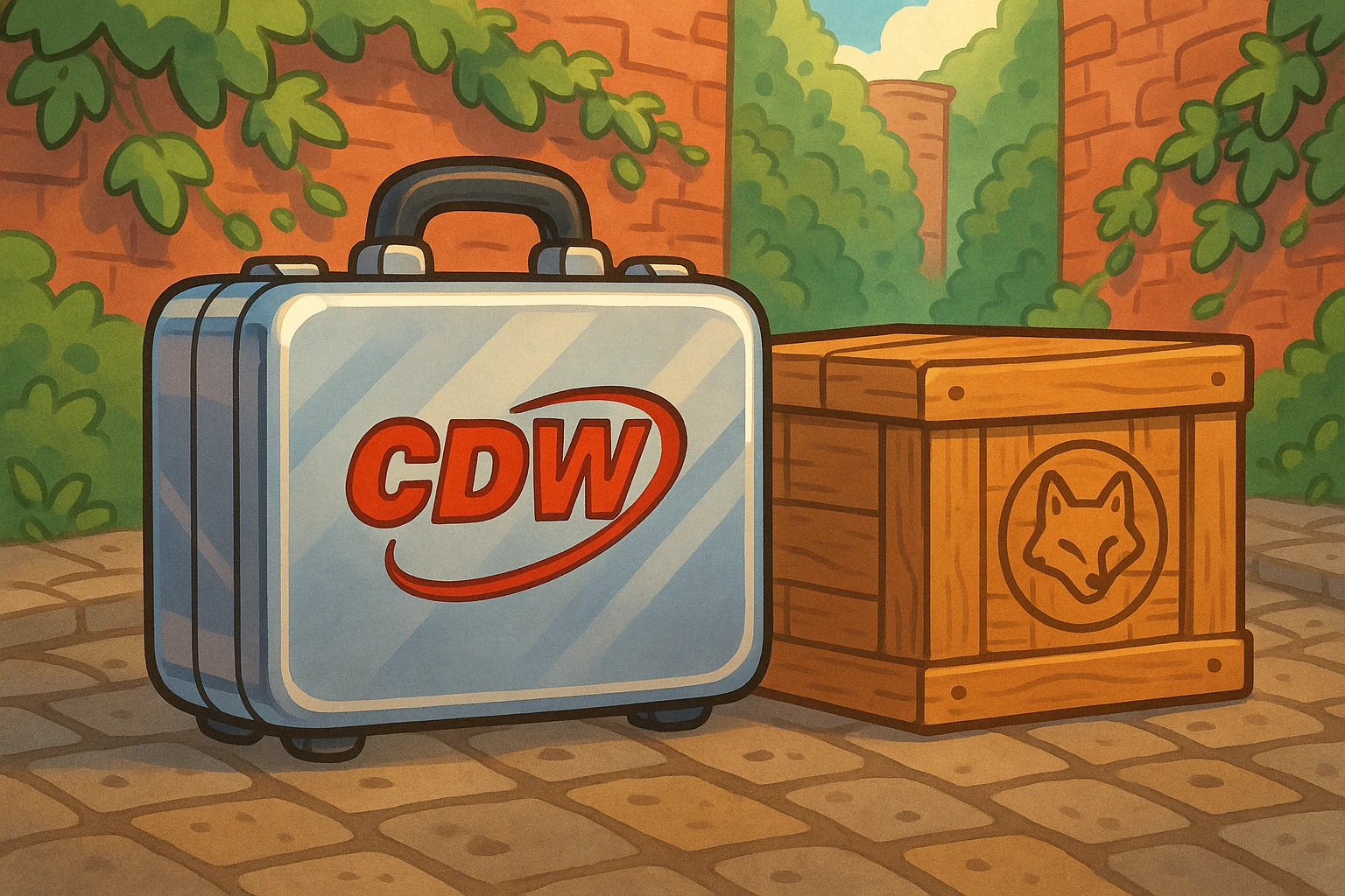 A close-up shot of a polished metal briefcase with the CDW Corporation logo, beside a handcrafted wooden crate embossed with the Atticus Goods insignia, set on a cobblestone street with ivy-covered brick walls in the background.