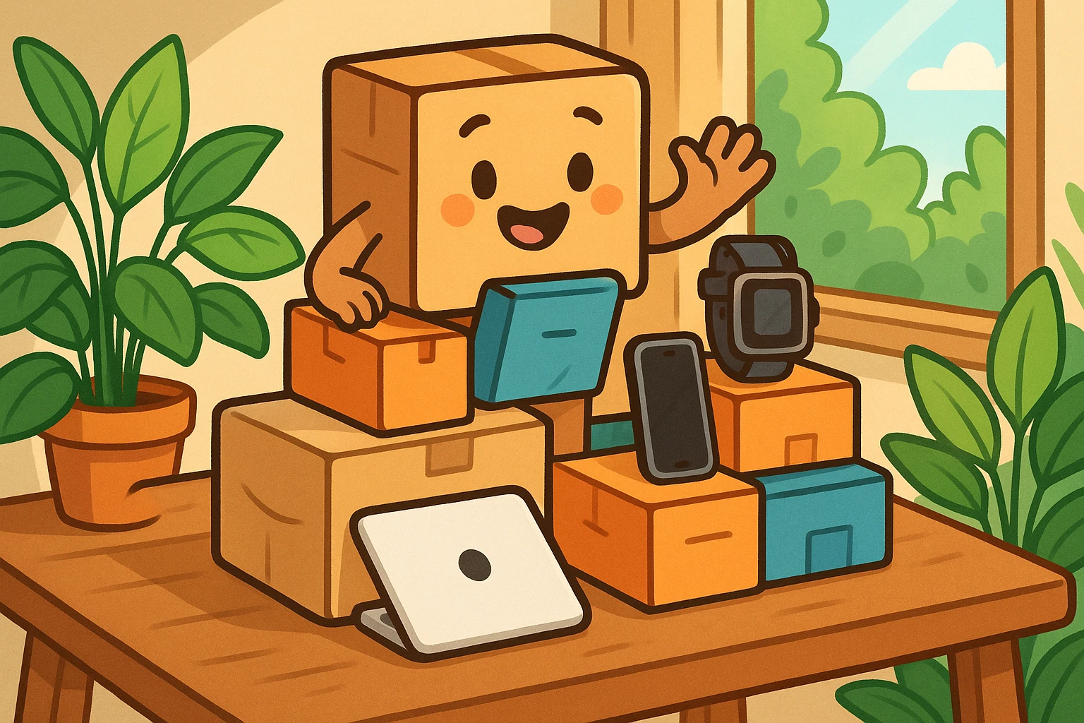 Stacks of branded boxes and technology gadgets displayed on a sleek wooden table, surrounded by green plants and natural lighting from a nearby window.