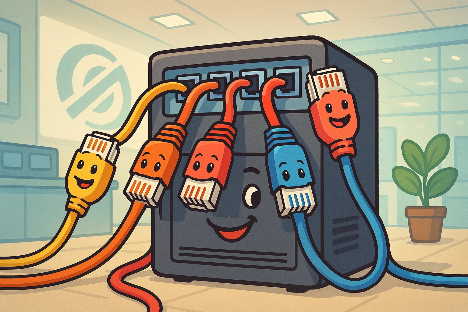 A close-up of colorful network cables connected to a server rack, with a subtle background of a company's logo, all set in a well-lit modern technology showroom.