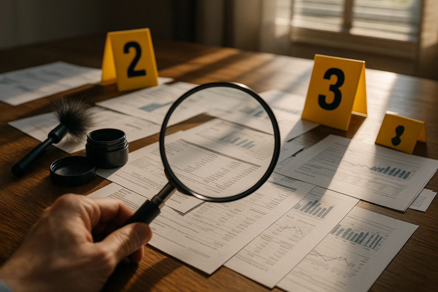 A magnifying glass held over scattered financial documents and digital evidence tags on a wooden table, with sunlight streaming through a nearby window, highlighting forensic analysis tools like fingerprint dusting kits and evidence markers.