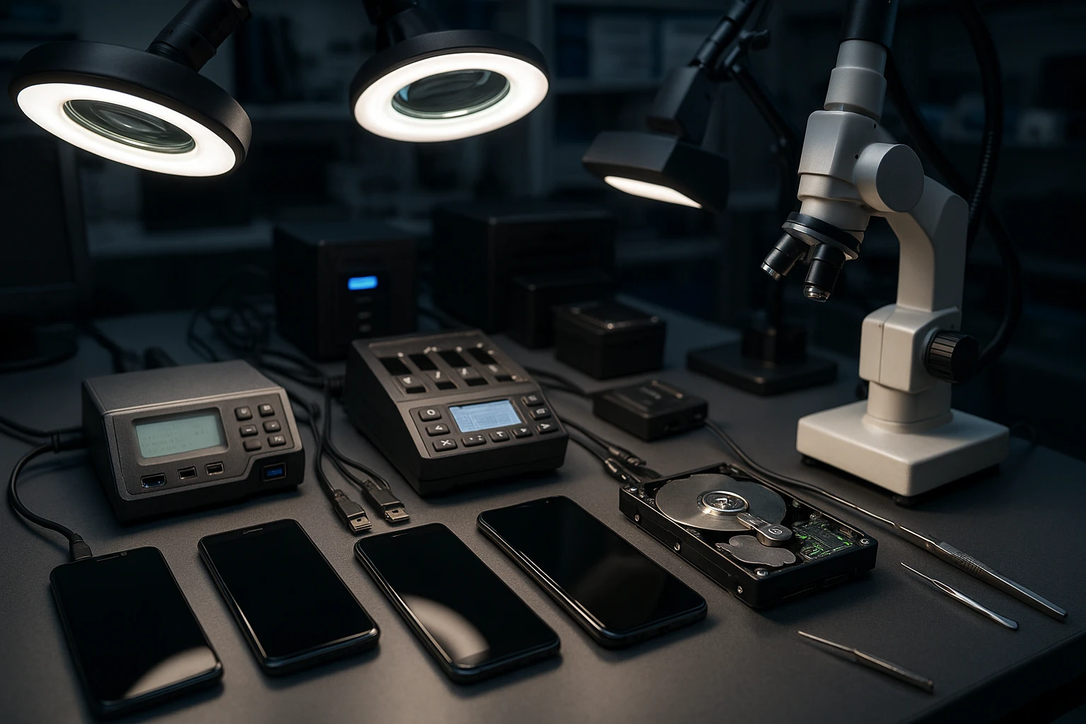 A high-tech forensic lab bench displaying various electronic devices like smartphones and hard drives, surrounded by cutting-edge digital forensics hardware, such as data extraction machines and specialized micro-tools under an array of magnifying lamps.