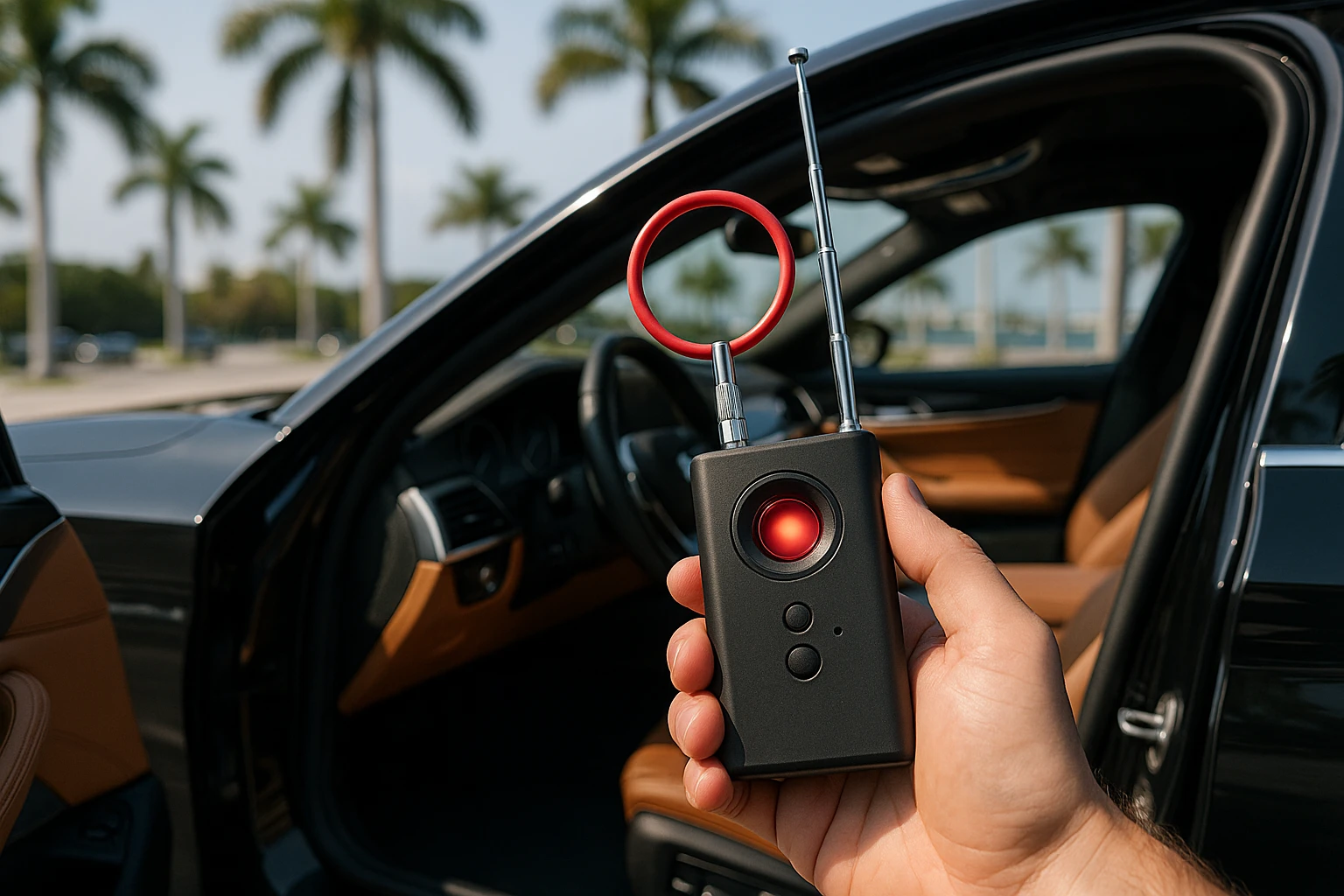 A compact, handheld bug detector scanning a luxury car's interior in a sunlit Miami parking lot, with palm trees visible in the background.