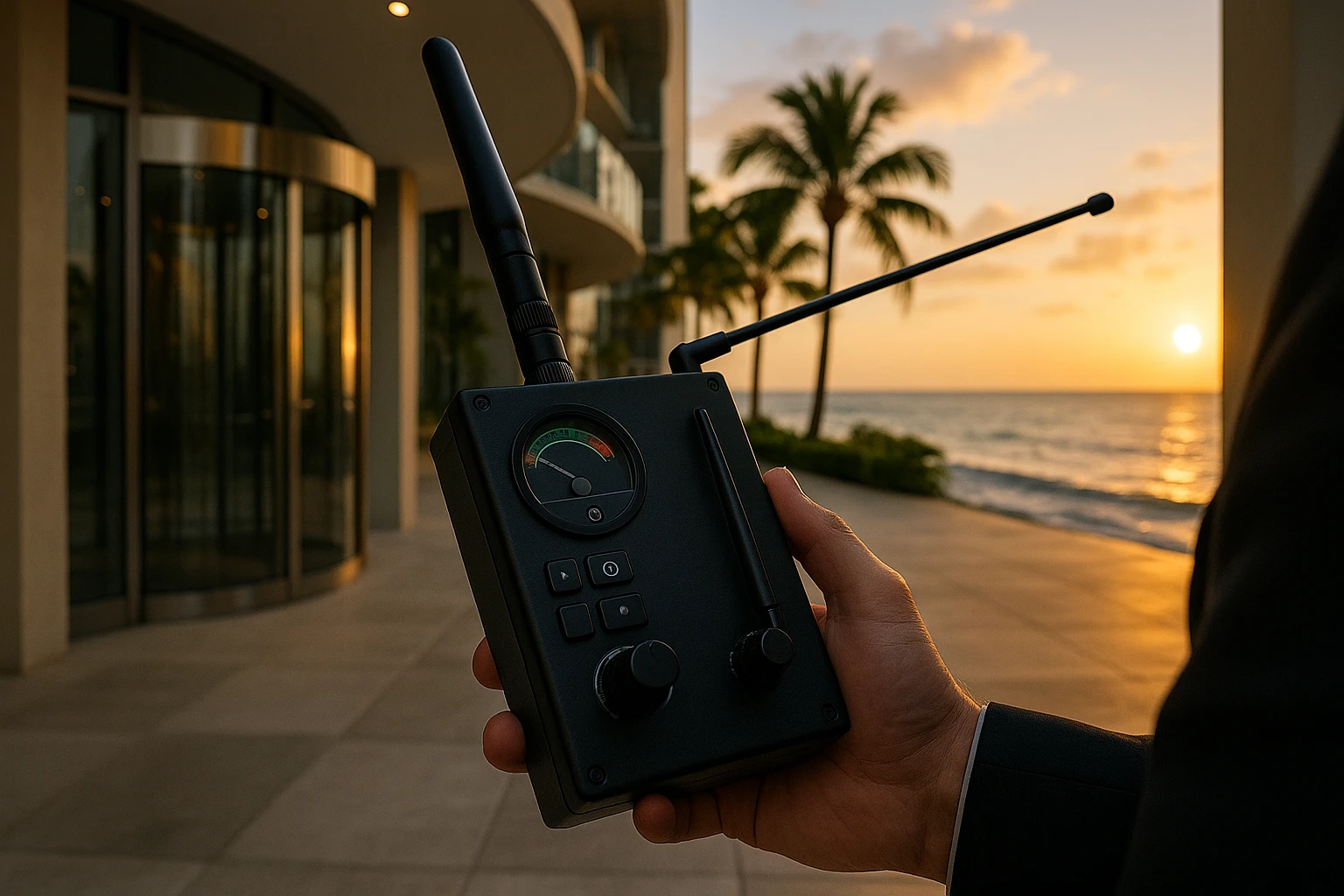 A close-up of a sophisticated electronic sweeping device being used near the entrance of a luxury Miami high-rise, with the sun setting and the ocean visible in the background.