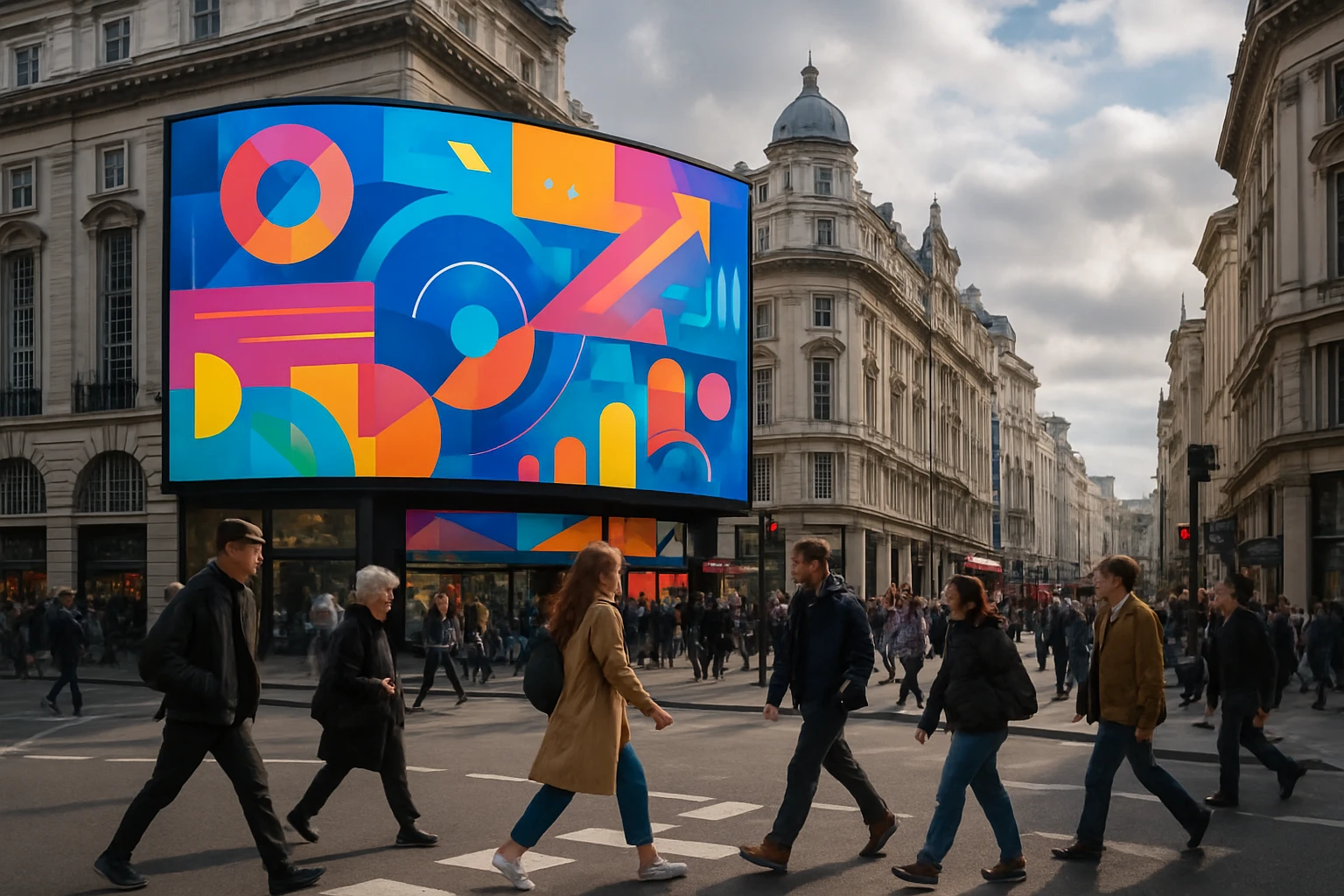A vibrant street scene in London featuring a colorful billboard showcasing a digital marketing campaign, set against the backdrop of iconic London architecture and busy pedestrian traffic.