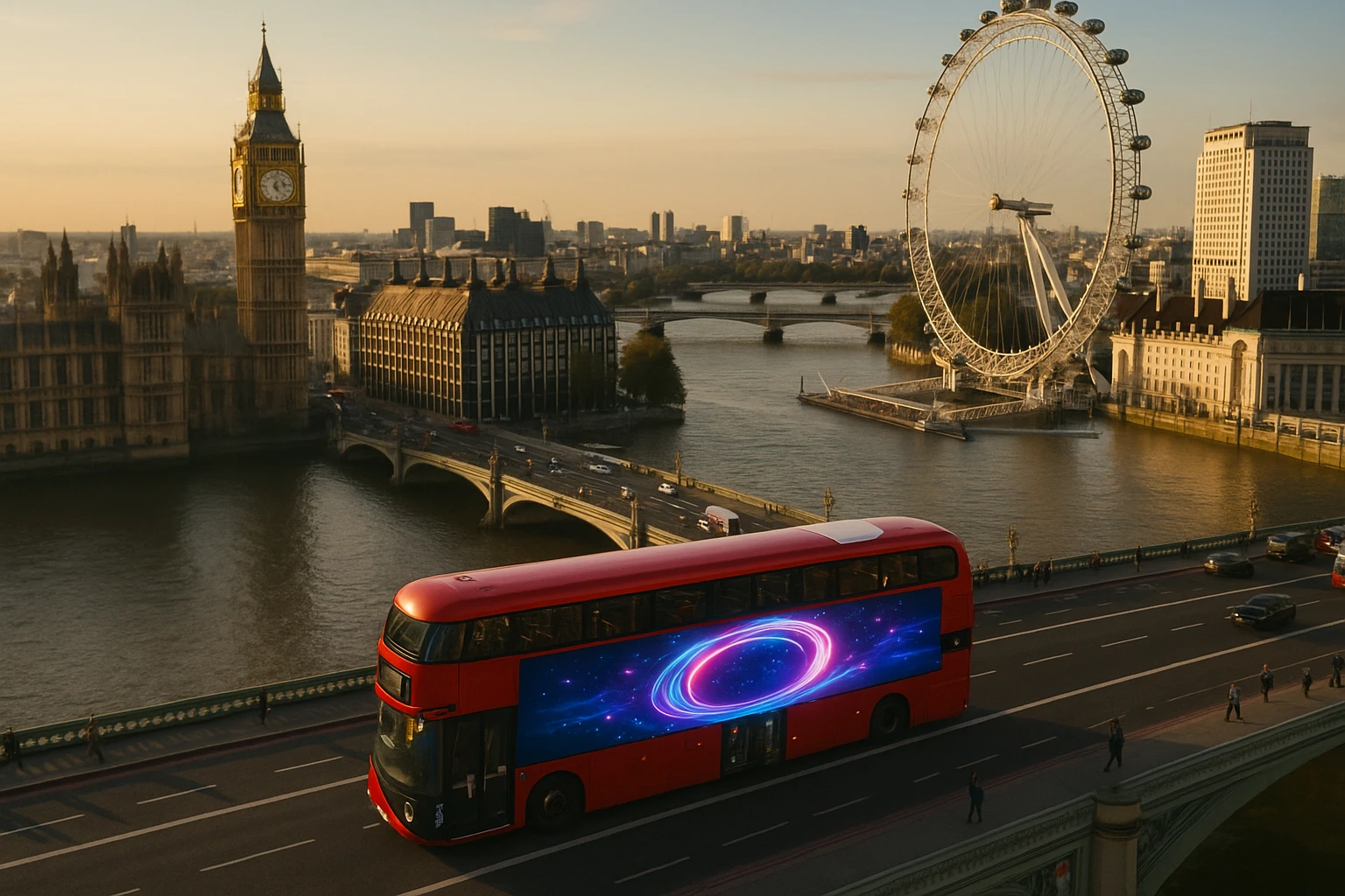 Aerial view of London with a focus on a digitally interactive advertisement on a double-decker bus, showcasing dynamic digital graphics as it moves through iconic landmarks like the Thames River and the London Eye.